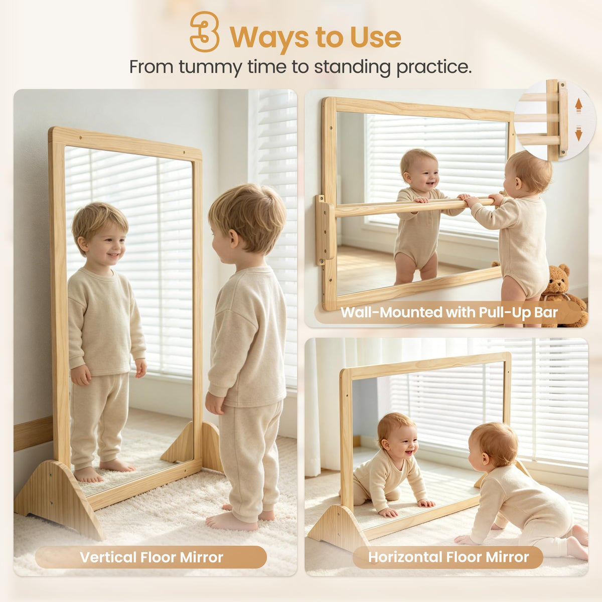 Brezlio Montessori Mirror with Pull Up Bar, Large 38.2 x 23.6 in Natural Wood & Shatter-Resistant Acrylic Baby Mirror for Tummy Time, Horizontal/Vertical Floor Use, Wall Mounting and Pull-to-Stand