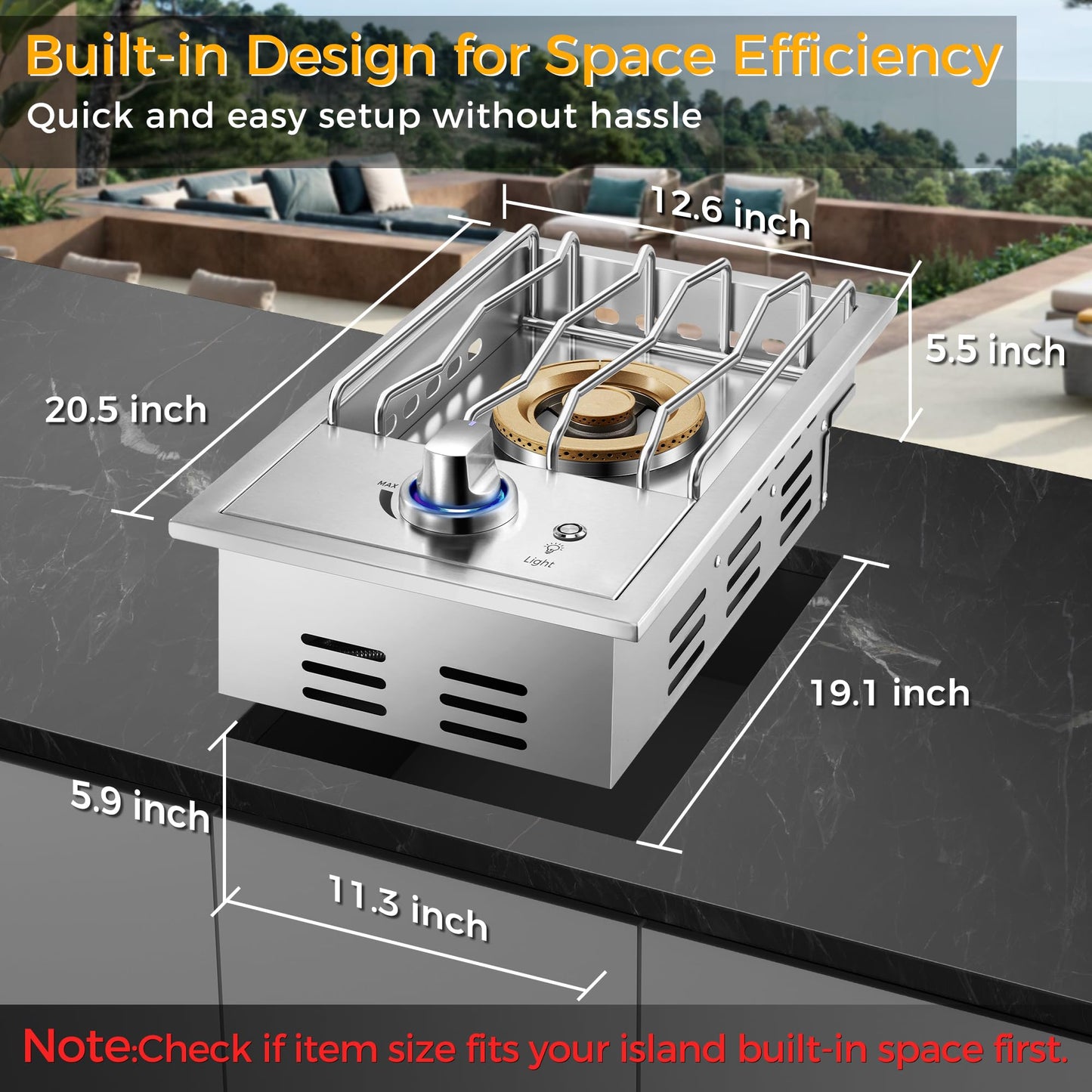 Huishenplus Grilling Side Burners for Outdoor Kitchen,18,000BTU Nature Gas Side Burner Convertible to Liquid Propane, Duty Heavy 304 Stainless Steel, Single Burner for BBQ Island Grill, Gold