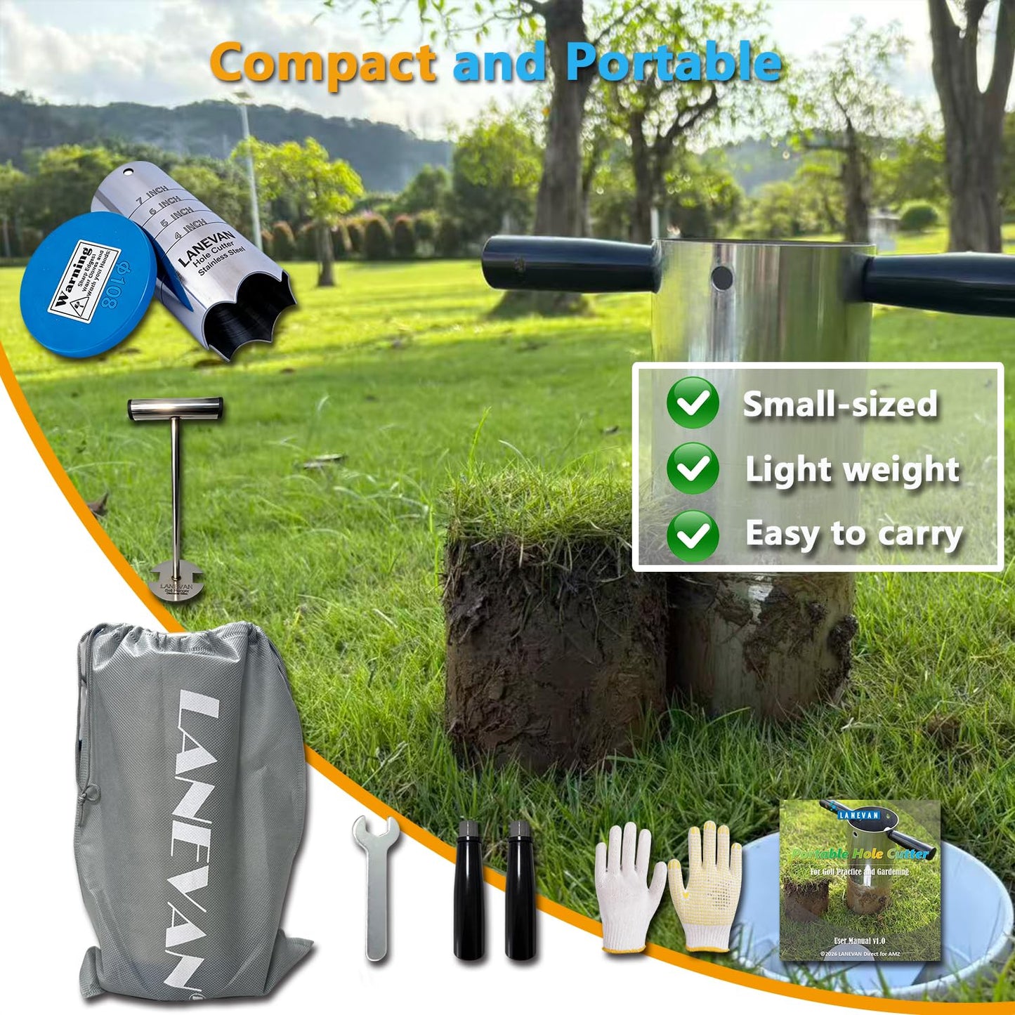 LANEVAN Stainless Steels Golf Hole Cutter for Putting Green Practice, 4Inch & 6Inch USGA Standard Portable Post Hole Digger for Backyard, Lawn Plugger Tool for Gardening