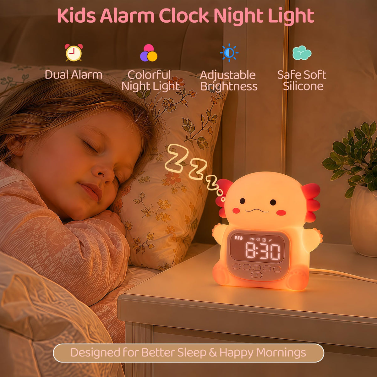 Axolotl Alarm Clock for Kids, Cute Night Light Toddler Alarm Clocks, Pink