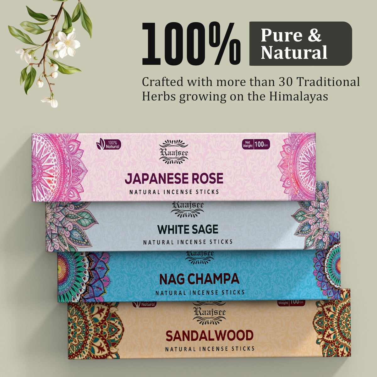 Raajsee Incense Sticks Assorted Pack (180 gm), 100% Pure Organic Natural Hand Rolled Free from Chemicals - Perfect for Aromatherapy, Cleansing, Meditation, and Church (12 Pack)