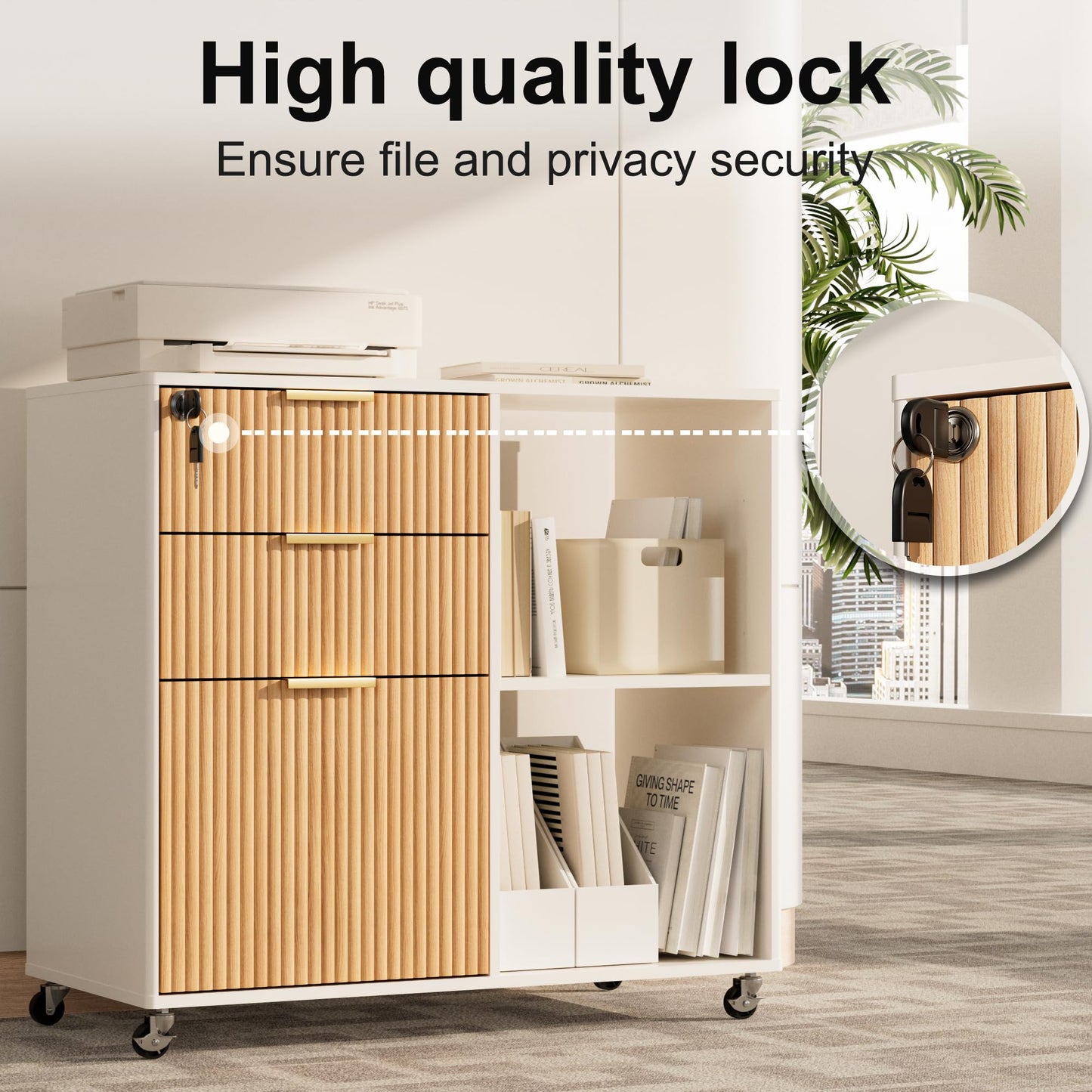 INNOD 3 Drawer Fluted Mobile Filing Cabinet with Lock, Lateral Rolling Under Desk File Cabinet, Wooden Printer Stand Table for Home Office Essentials Storage Organization Furniture Letters/A4(Oak)