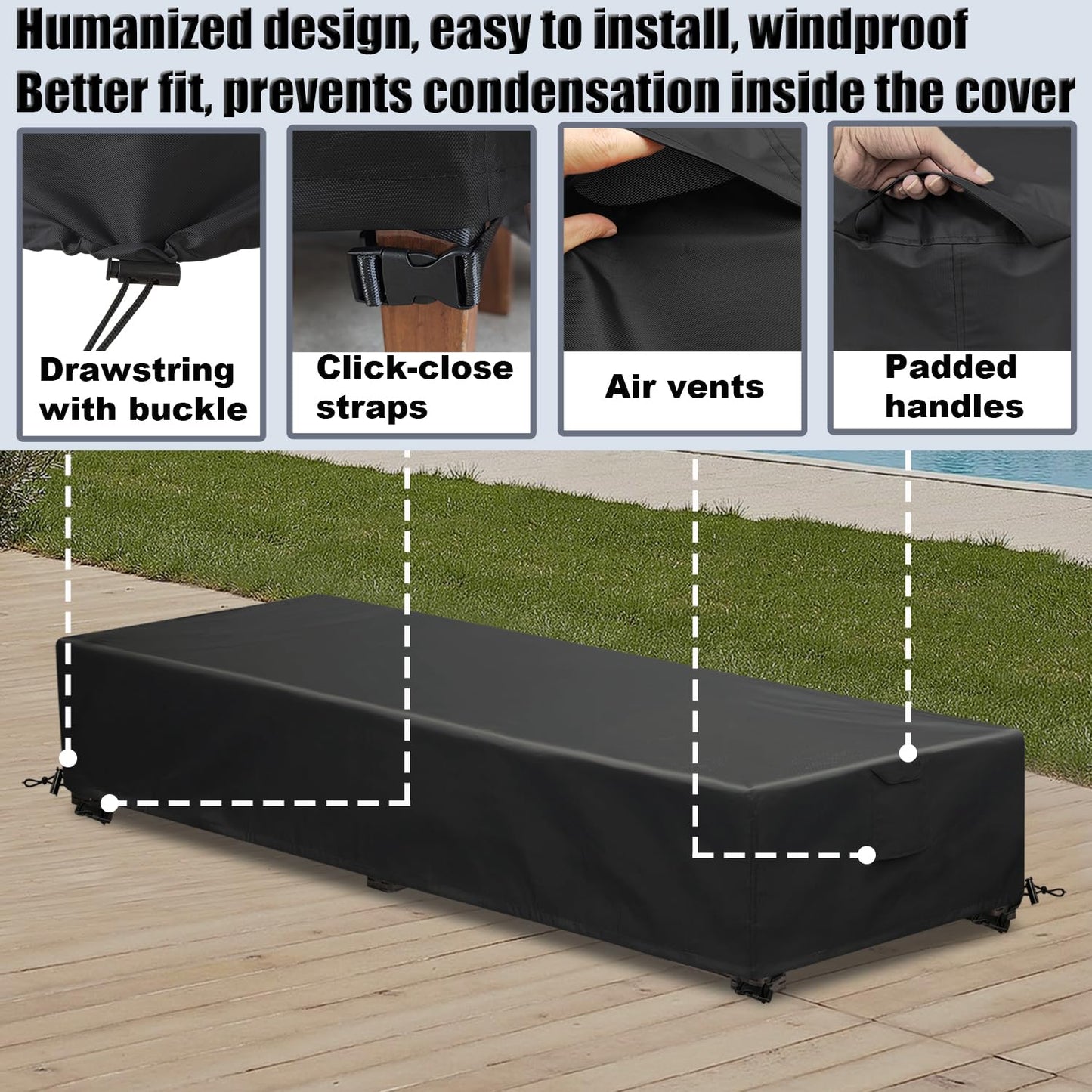 GoldenRaindrop Waterproof Patio Lounge Chair Cover 2 Pack Outdoor Chaise Lounge Covers 600D Weather Resistant Material, UV Protection, Windproof Design Outside Furniture Covers 80" x 28" x 14" H,Black