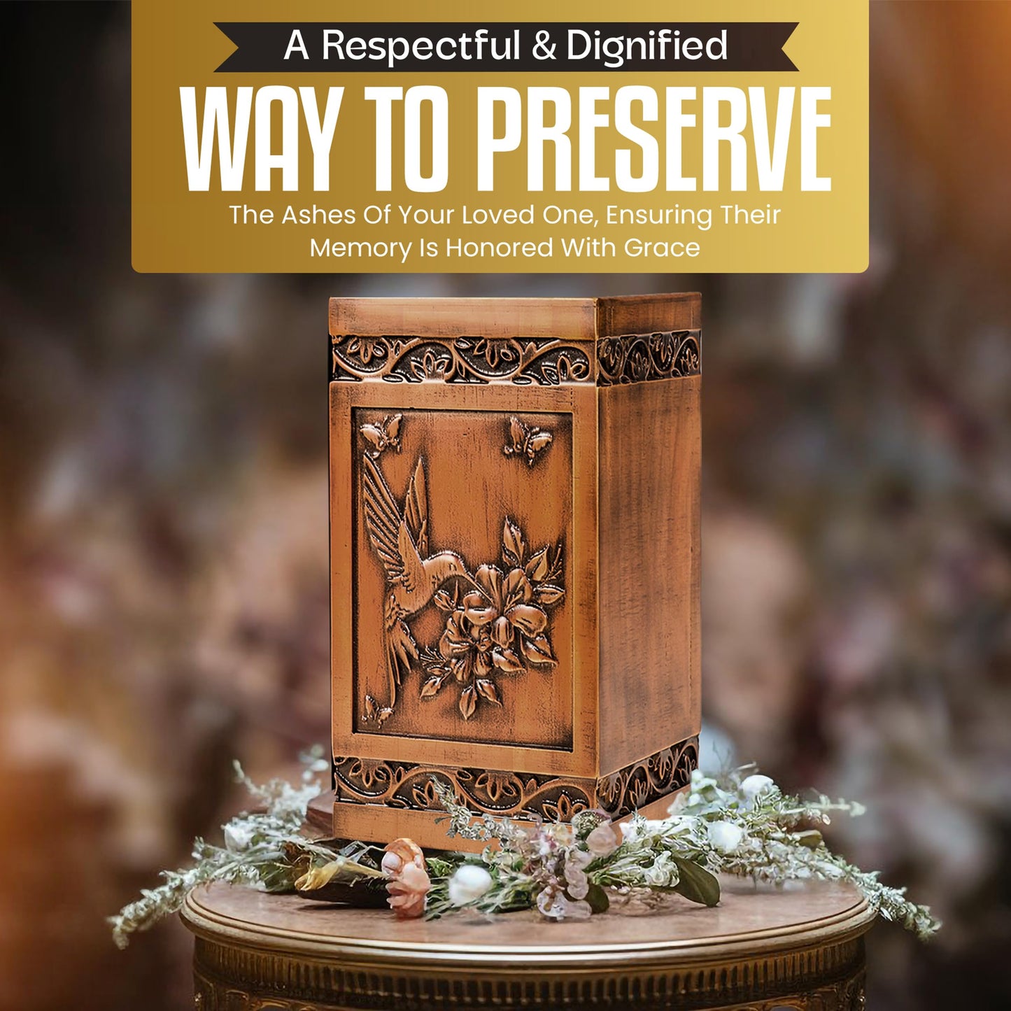 Large Wooden Cremation Urn for Human Ashes Adult – Handcrafted Hummingbird & Floral Engraving – Funeral Urn for Mother, Father, Men & Women – Display at Home or Niche at Columbarium – 270 Cubic Inches