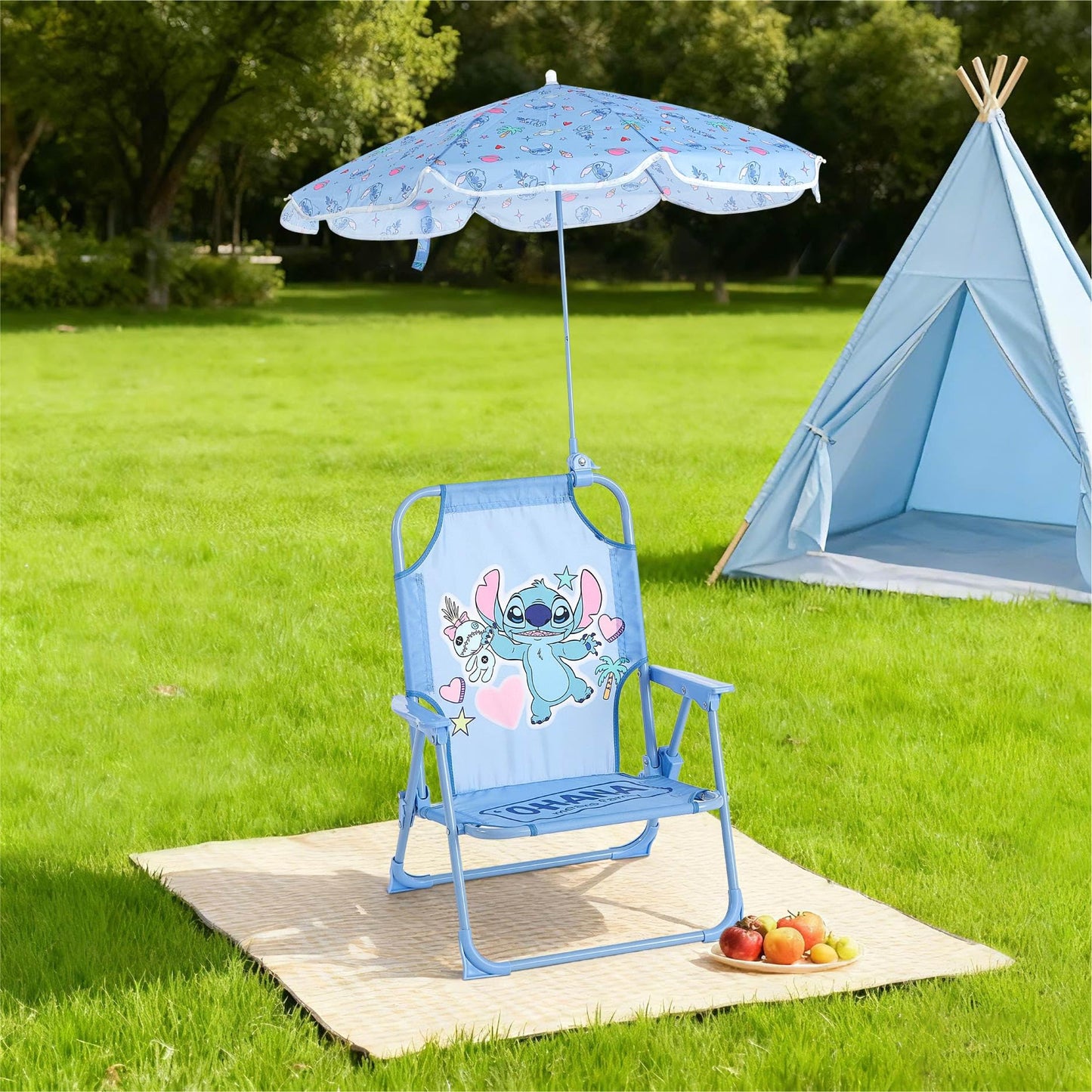 Disney Stitch Kids Beach Chair with Umbrella,Foldable Portable Toddler Chair with Armrests, Locking Mechanism & Sun Shade