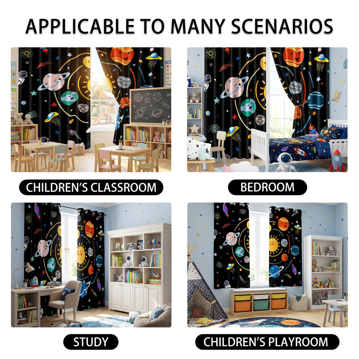 ANGELWARDROBE Space Curtains, 90% Solar System Orbit Space Blackout Curtain Astronaut Rocket Planet Window Drapes Universe Orbit for Boys Teens Bedroom Playroom, 2 Panels Set, 42" W x 63" L