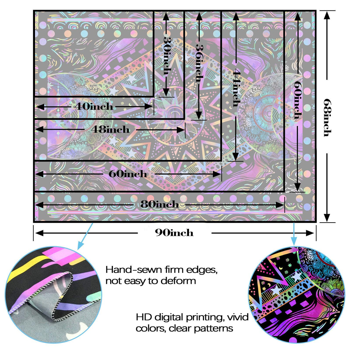 Blacklight Sun and Moon Tapestry Glow in The Dark Neon Hippie Bohemian Tapestries for Bedroom Aesthetic UV Reactive Purple Celestial Tie Dye Tapestry Wall Hanging for Living Room Dorm (40'' × 30'')