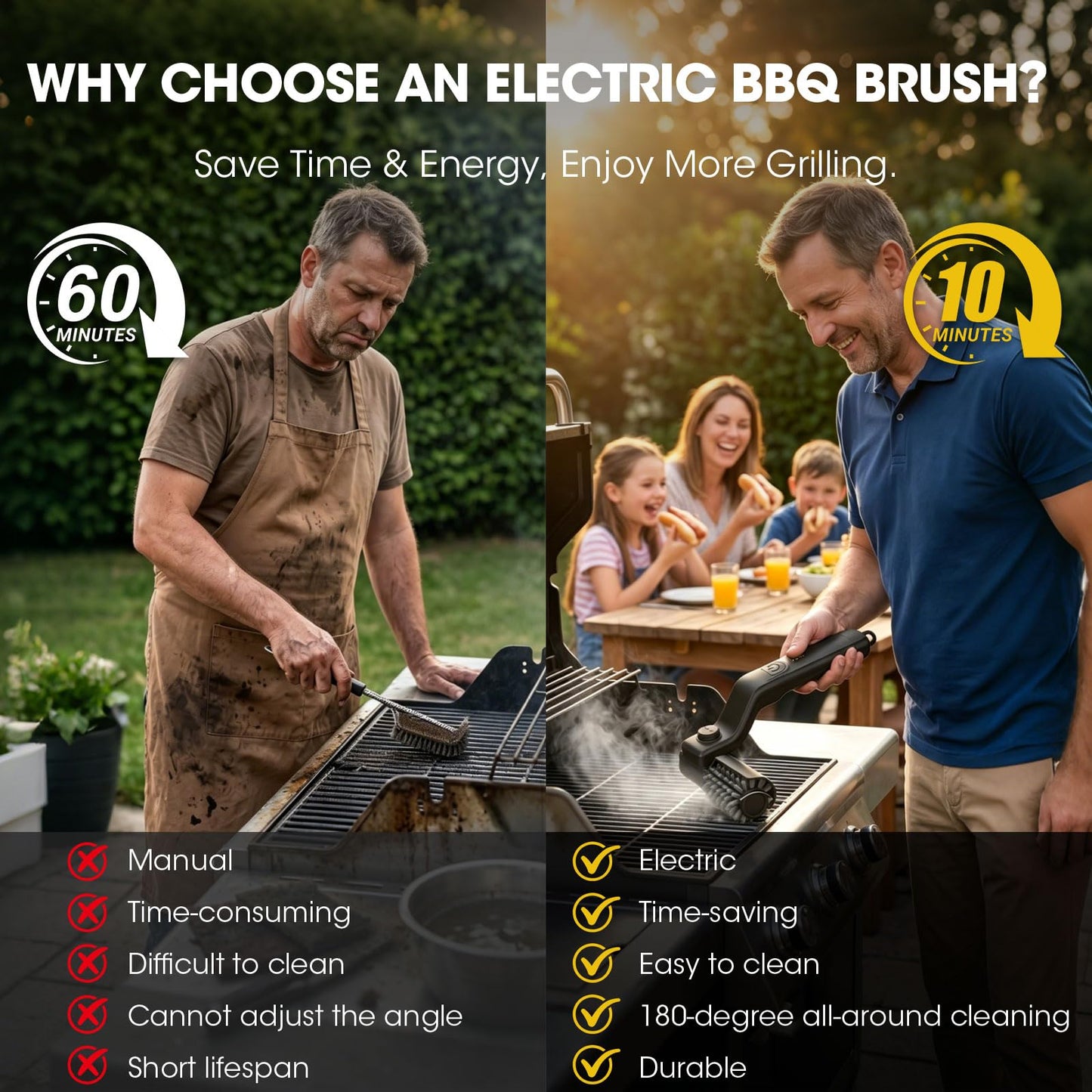 Electric Grill Brush, Electric Grill Cleaner Brush for Outdoor Grill, Cordless Rechargeable BBQ Grill Cleaning Brush, Power Barbecue Grill Brush, Motorized Grill Brush with 3-Speed & Adjustable Angle