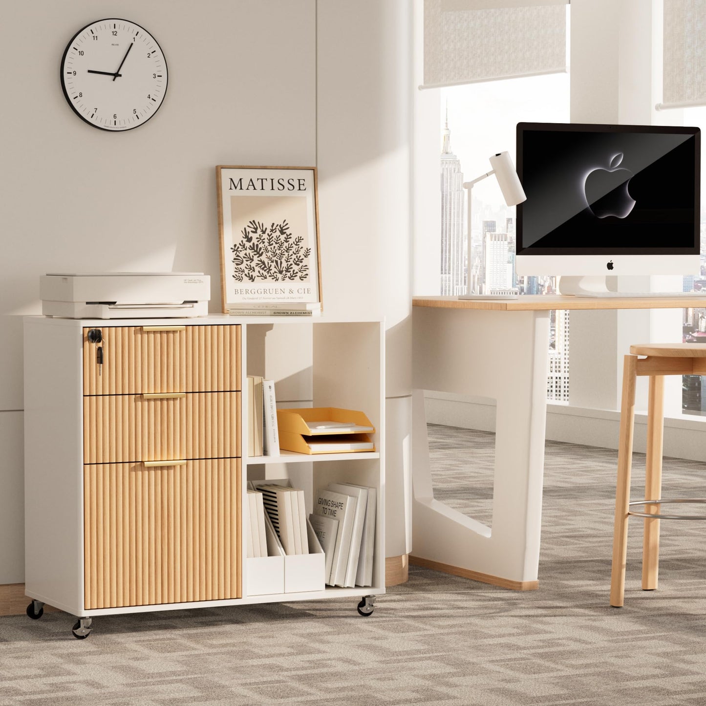 INNOD 3 Drawer Fluted Mobile Filing Cabinet with Lock, Lateral Rolling Under Desk File Cabinet, Wooden Printer Stand Table for Home Office Essentials Storage Organization Furniture Letters/A4(Oak)