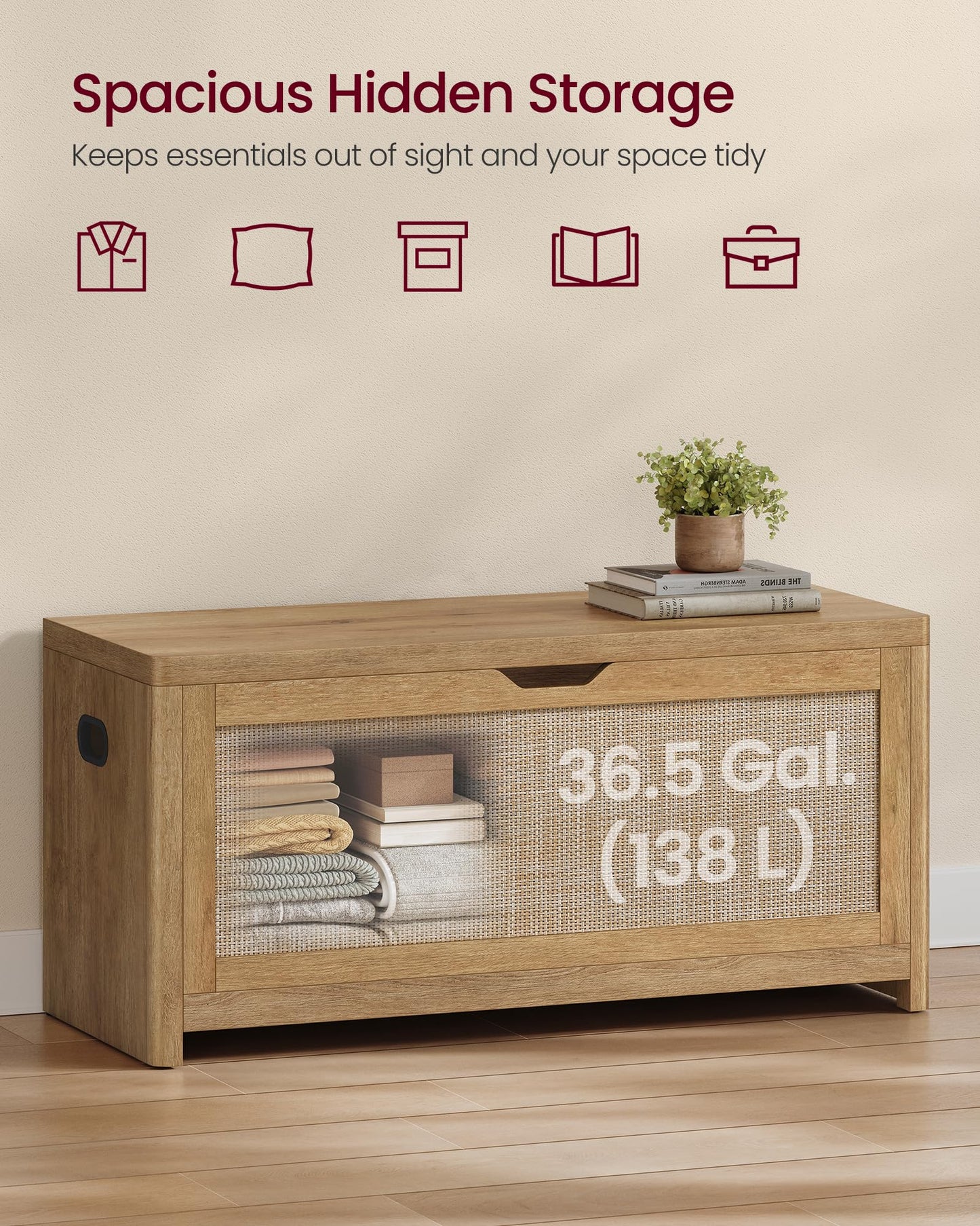 VASAGLE Boho Storage Bench with Rattan Look, Rounded Corners