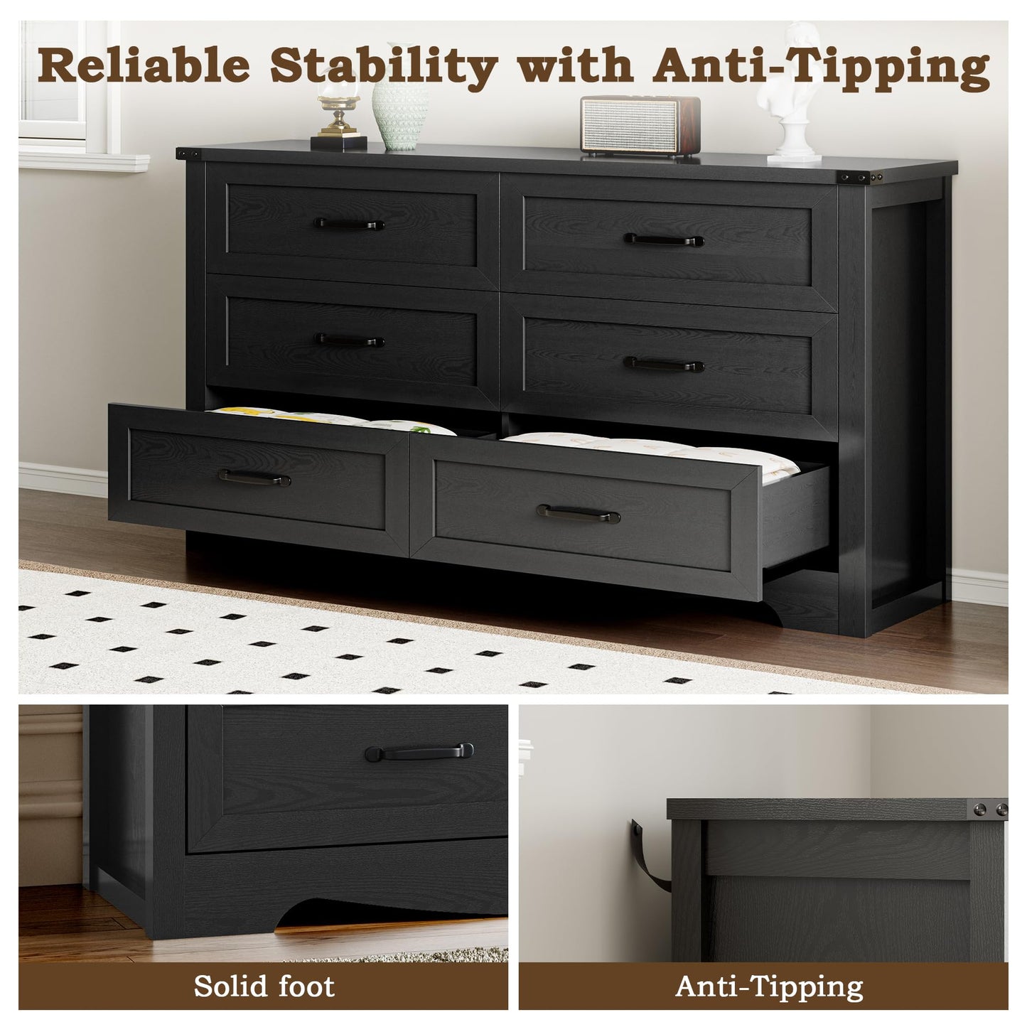 BORNOON 6-Drawer Dresser for Bedroom, Modern Wooden Chest of Drawers with Metal Handles, Anti-Tipping Design, Sturdy and Stable Storage Organizer for Living Room, Entryway, Home Office