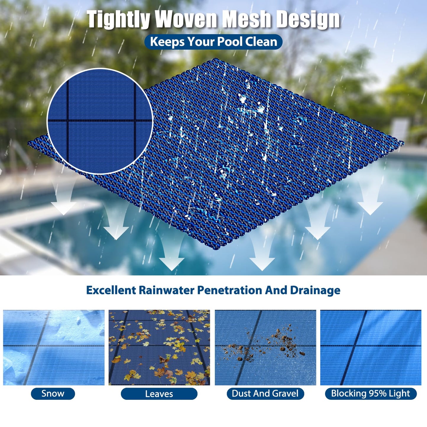 Inground Pool Safety Covers, Rectangular Winter Pool Cover for Swimming Pools, High Strength Mesh PP, Included Installation Tools (Blue, Fit 16x32ft Pools)