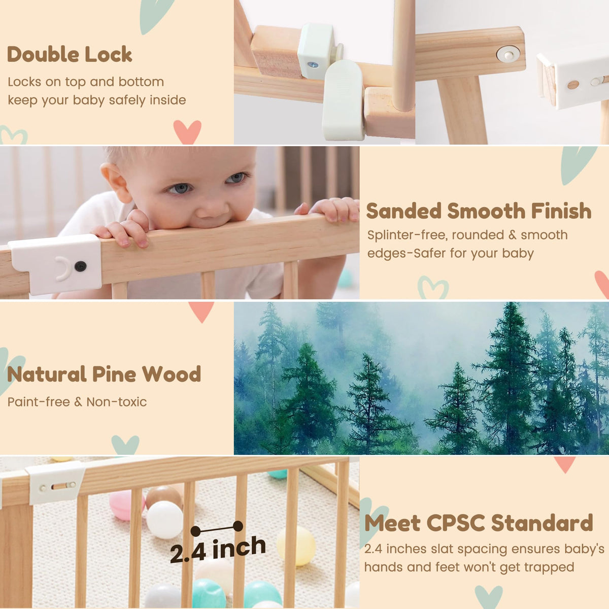 GGF Wooden Baby Playpen with 3 Montessori Toys, Foldable, 89 x 59 in