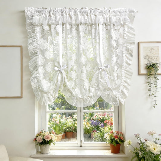 Tie Up Floral Lace Sheer Curtain Jacquard Balloon Curtain Shade for Kitchen