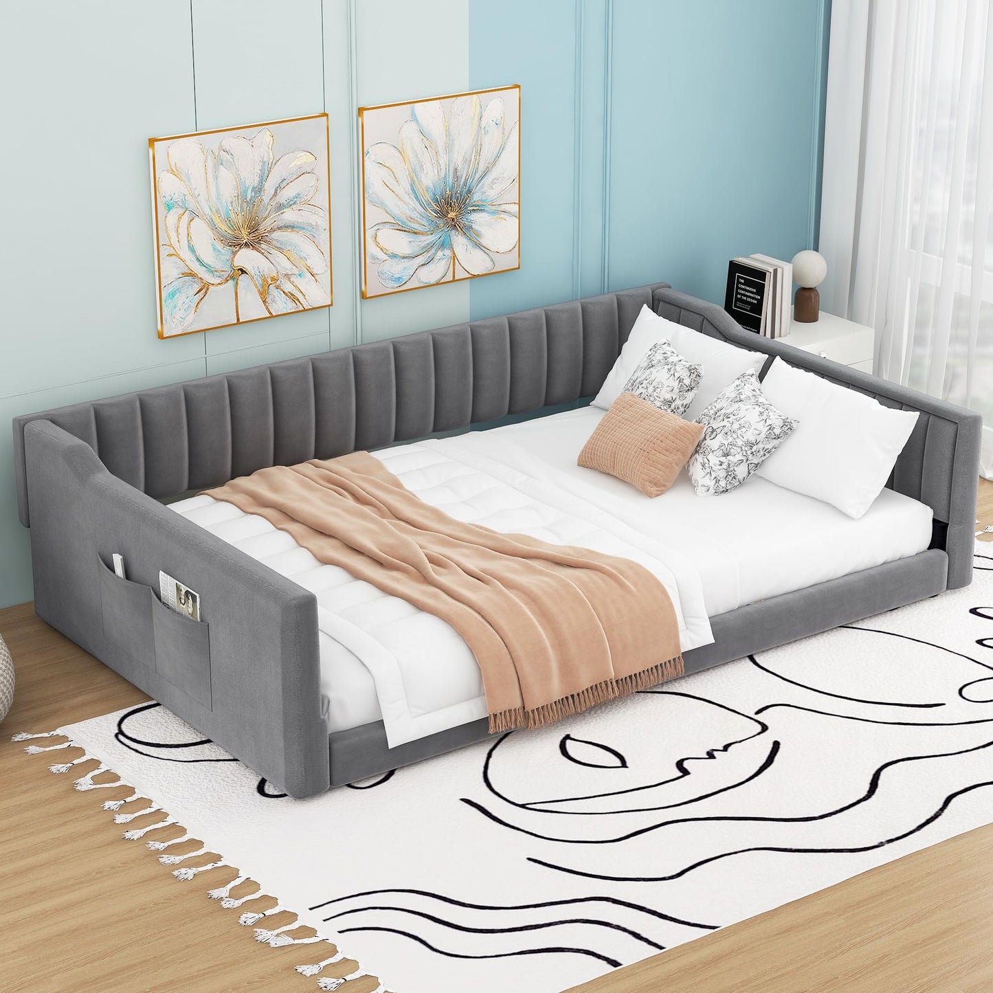 Ball & Cast Full XL Size Daybed, Upholstery Day Bed Frame with Channel Tufted Backrest and Armrest, Floor Bed with Side Pockets,Solid Wood Slat Support, No Box Spring Needed,Gray