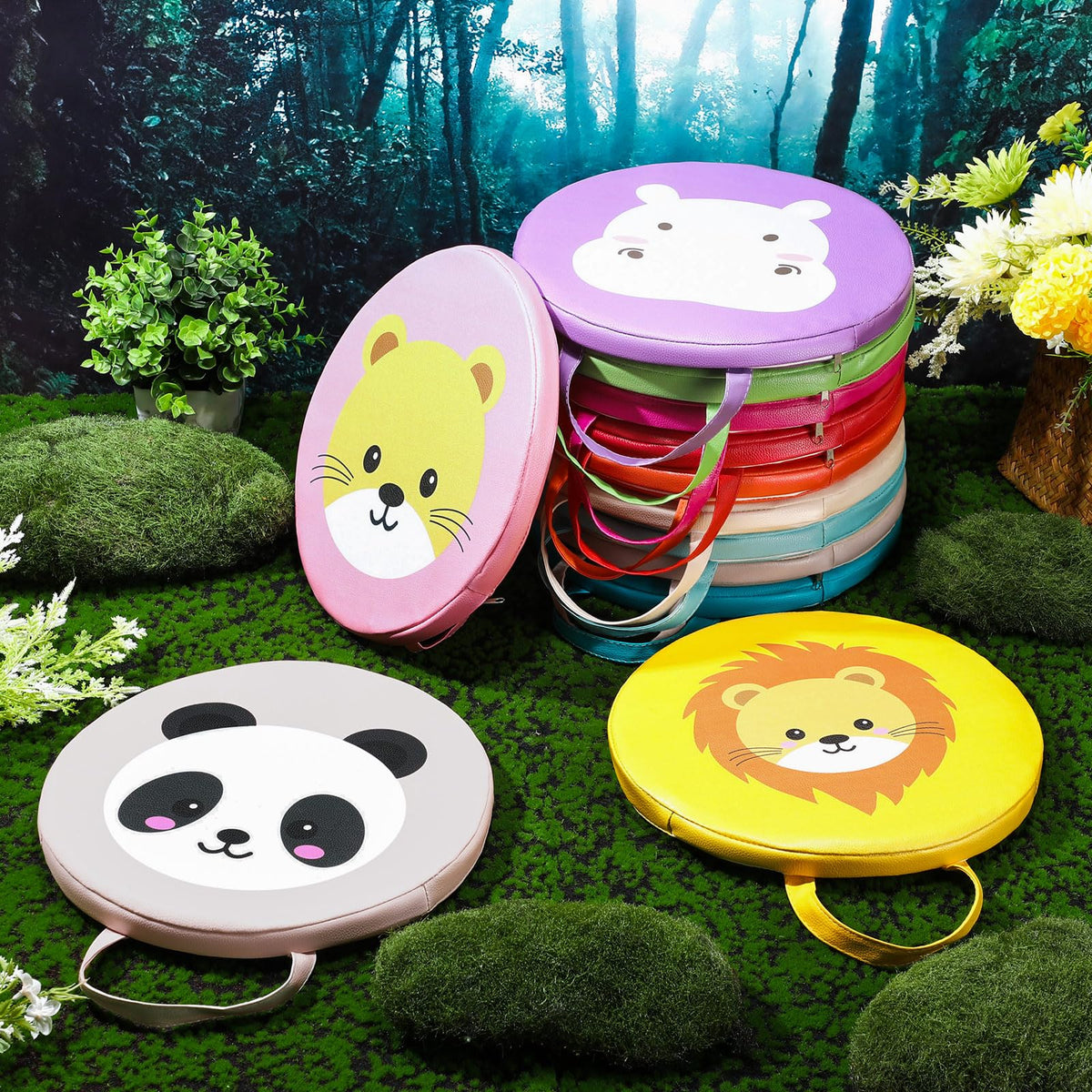 Suzile 12 Pcs Kids Floor Cushions Circle Seats for Classroom Flexible Round Circle Time Rug Mats with Handle Soft Waterproof Pillows Carpet for Elementary Daycare Preschool Kindergarten(Animals)