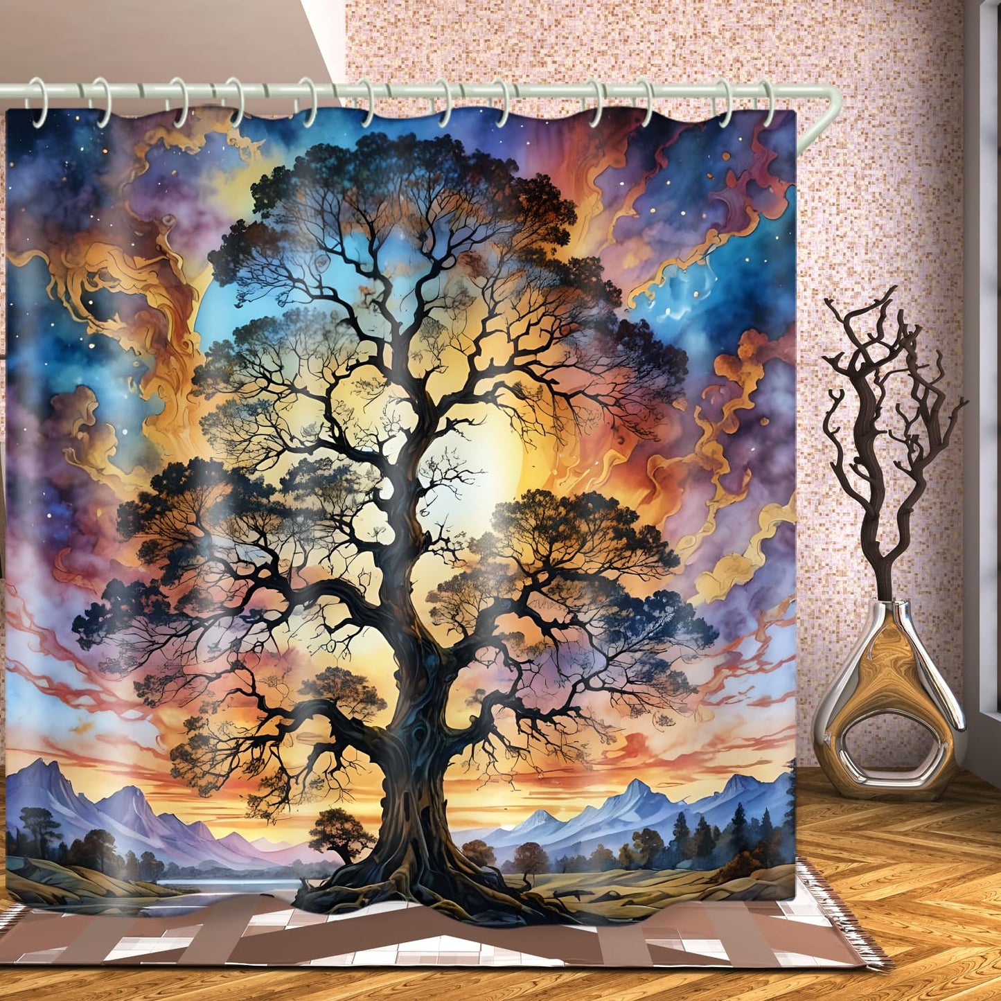 LYFANS Shower Curtains Life Tree Theme, Colorful Bright Sky Brings A Unique Artistic Atmosphere to The Bathroom, 72x79 Inch Fabric Shower Curtain with 12 Hooks.