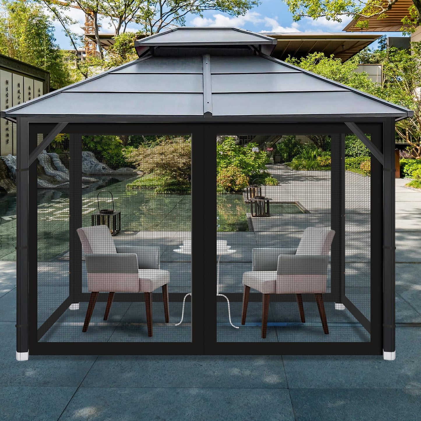 Gazebo Universal Replacement Mosquito Netting, Outdoor Mesh Netting Screen 4-Panel Sidewall with Zipper for Patio, Canopy, Garden and Backyard, Black, 10' x 10'