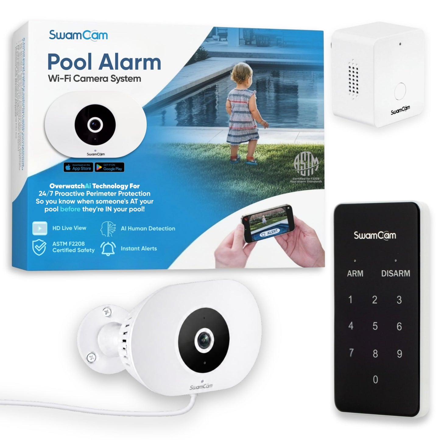 SwamCam Pool Alarm Wi-Fi Camera System – ASTM F2208 Certified – Smart Pool Safety for In-ground & Above-Ground Pools – Real-Time Alerts, Live View, Built-in Wi-Fi Repeater