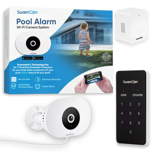 SwamCam Pool Alarm Wi-Fi Camera System – ASTM F2208 Certified – Smart Pool Safety for In-ground & Above-Ground Pools – Real-Time Alerts, Live View, Built-in Wi-Fi Repeater