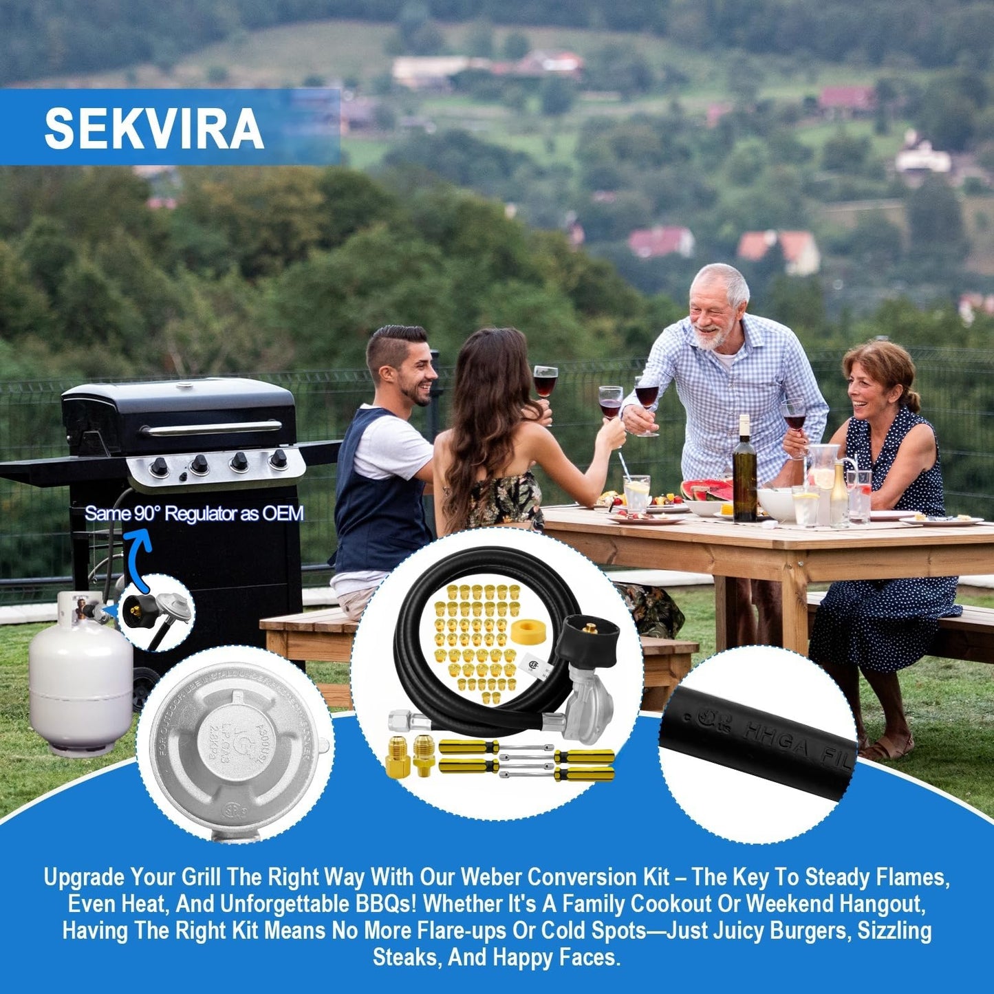 Sekvira Natural Gas to Propane Conversion Kit for Weber Genesis or Genesis II Grill and for Weber Summit Grill–5FT Propane Regulator Hose for Weber Grills,45 Orifices,Fittings & Tools.