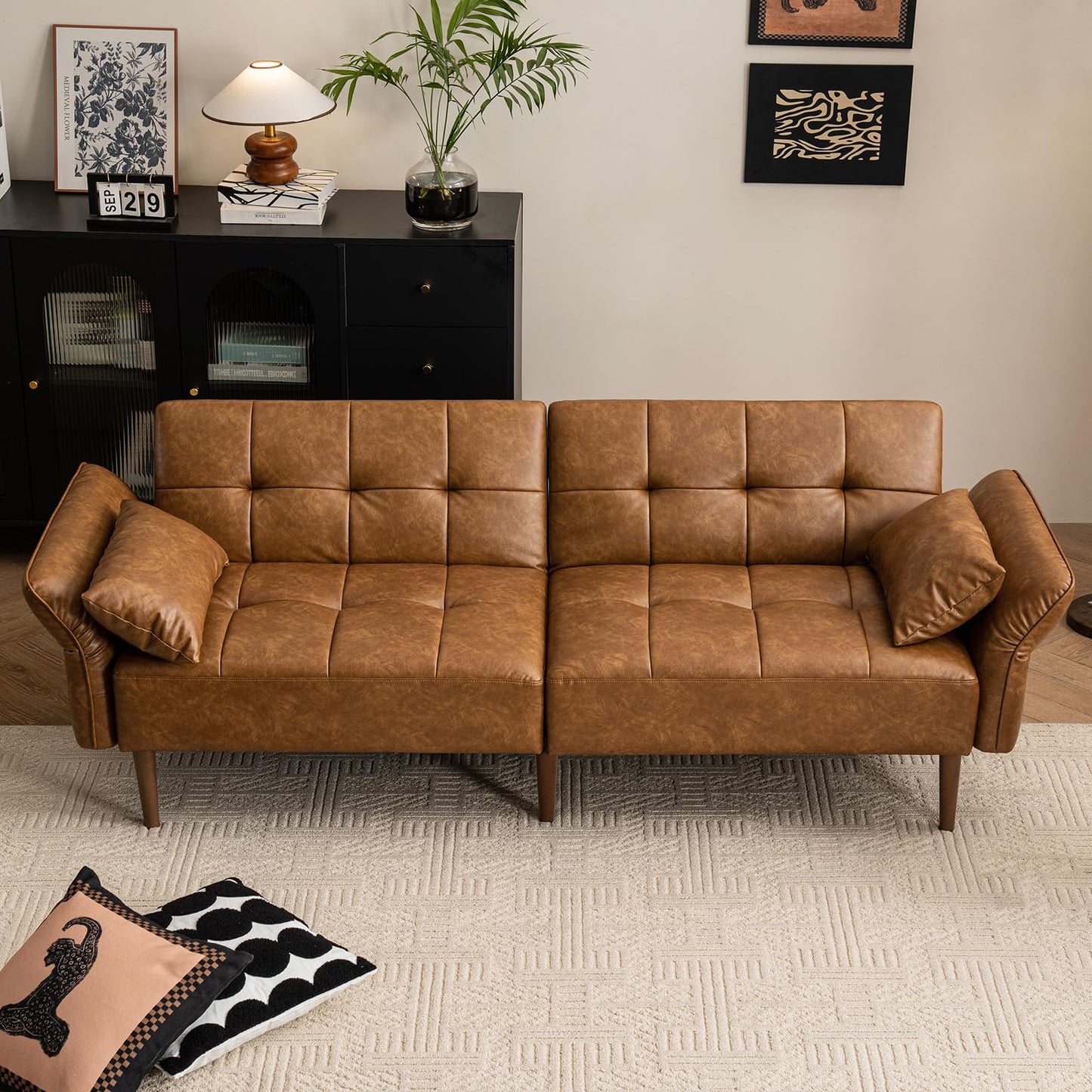 HALLYBEE 85” Futon Sofa Bed, Sleeper Sofa, Small Couch with Storage Adjustable Armrests Pillows, Faux Leather Loveseat, Mid Century Modern Couches for Living Room, Bedroom, Apartment, Brown