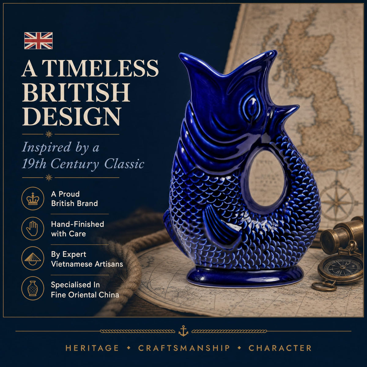 Giggling Grandma Fish Jug 50 fl oz Ceramic Pitcher, Dark Cobalt Blue