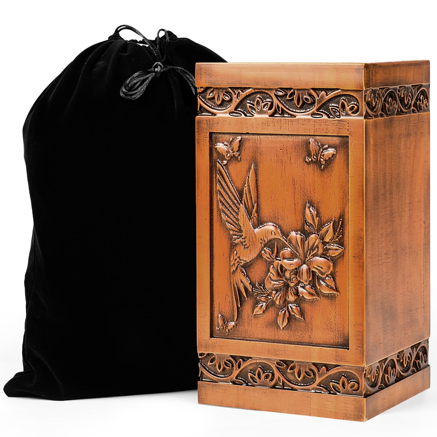 Large Wooden Cremation Urn for Human Ashes Adult – Handcrafted Hummingbird & Floral Engraving – Funeral Urn for Mother, Father, Men & Women – Display at Home or Niche at Columbarium – 270 Cubic Inches