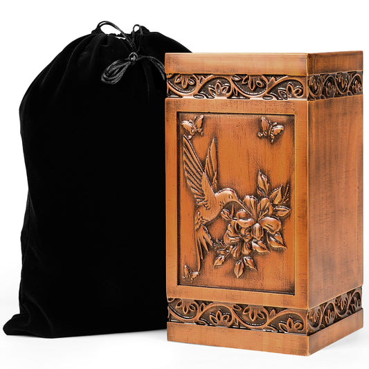 Large Wooden Cremation Urn for Human Ashes Adult – Handcrafted Hummingbird & Floral Engraving – Funeral Urn for Mother, Father, Men & Women – Display at Home or Niche at Columbarium – 270 Cubic Inches