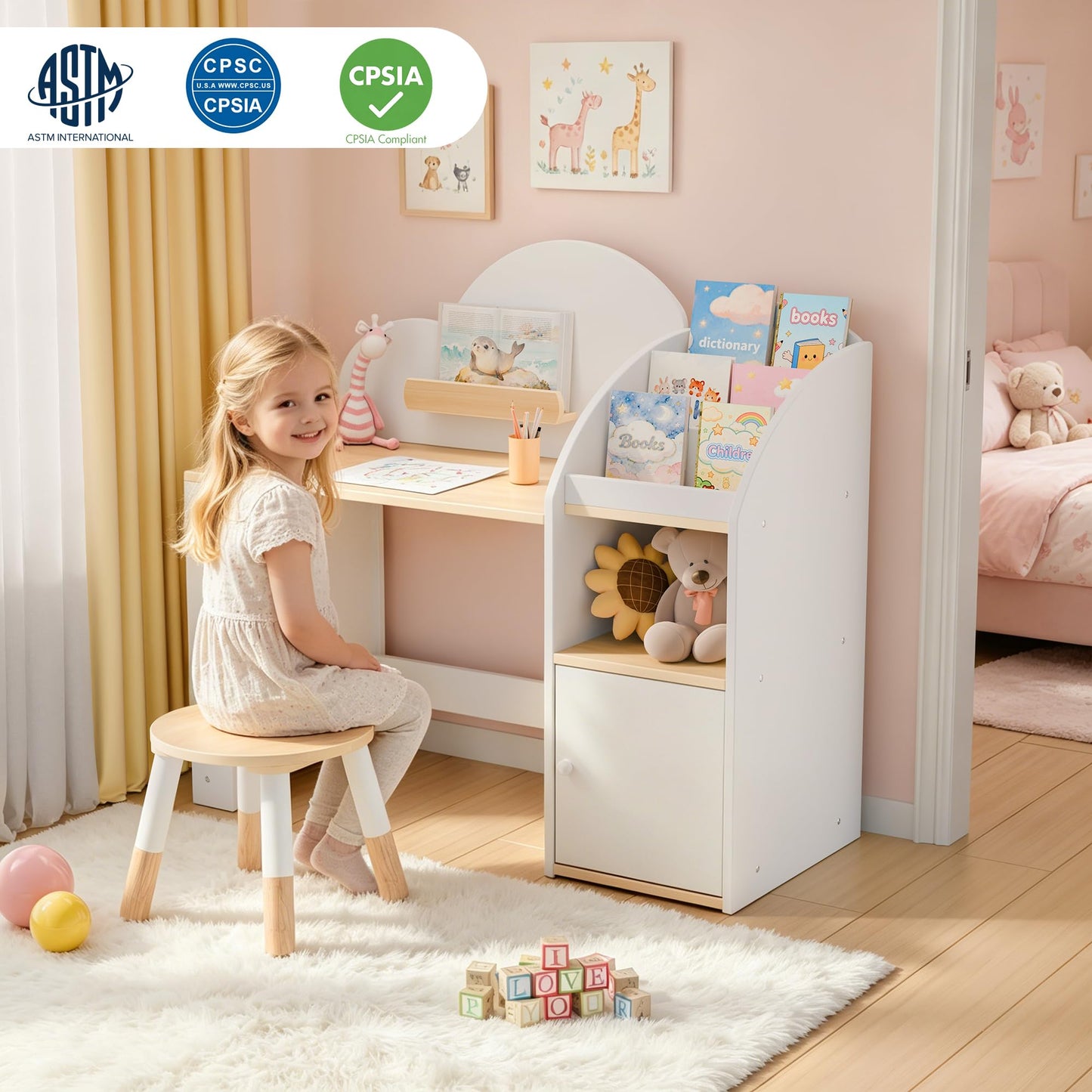 Kids Desk and Chair Set with 2 Bookshelves, Student Study Table and Stools, Toddler Study Desk with Storage, Wooden Kids Desk and Chair Set with 2 Cabinets for Ages 3-8, Boys, Girls (One Child)