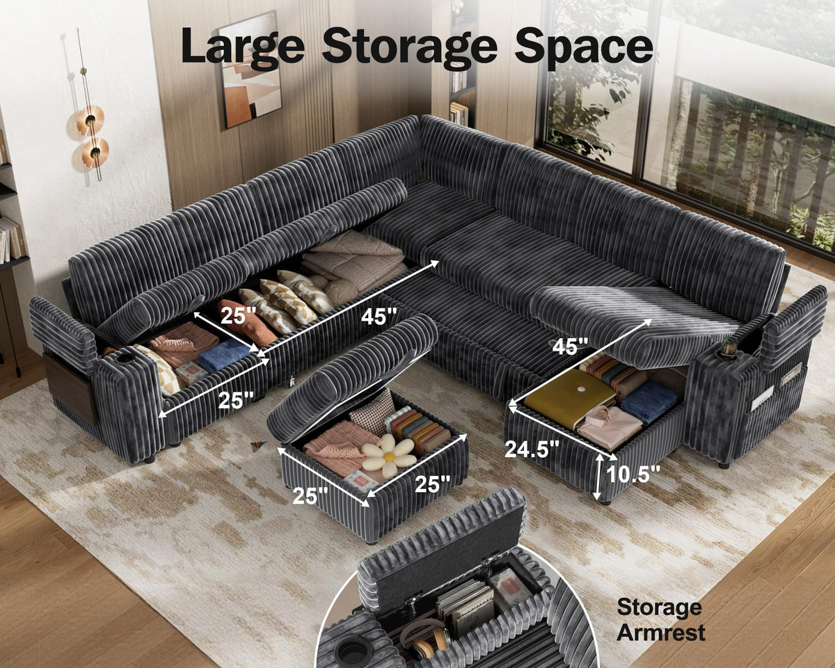 Sunny Heart 130" Modular Sectional Sleeper Sofa with Pull Out Bed, 9 Seat Corduroy L Shaped Couch with Ottoman and Chaise|USB Ports|Cup Holders|Side Table, Tool Free Assembly, Grey