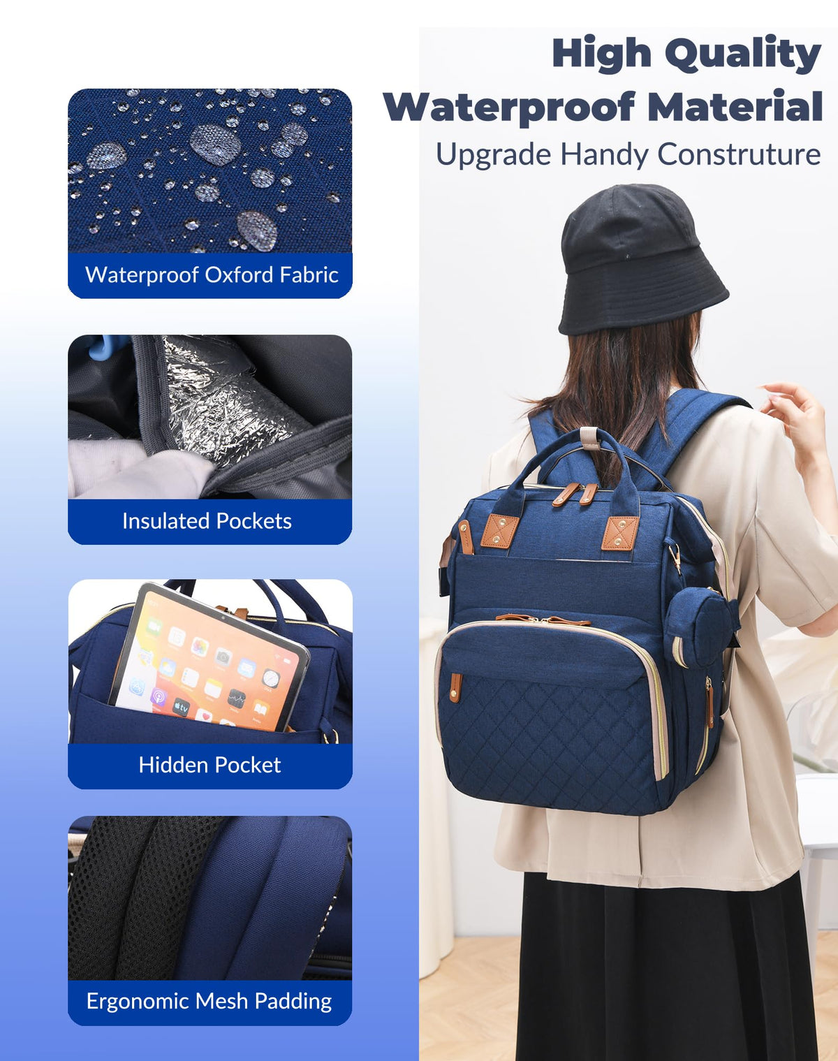 Lamroro Diaper Bag with Changing Station, Waterproof 3 in 1 Diaper Backpack with Foldable Changing Pad, USB Charging Port, Large Travel Backpack for Mom & Dad, Baby essentials-Blue
