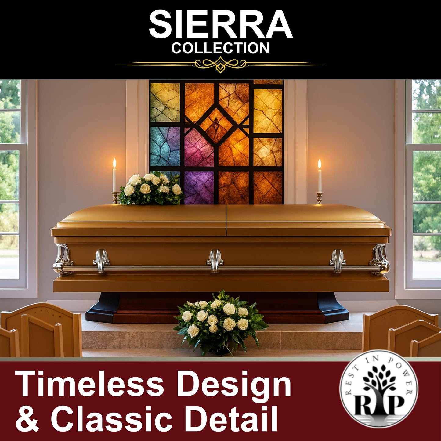 Rest In Power Steel Satin Sierra Funeral Casket for Adults – Burial Caskets for Humans with Premium Comfort Lining (Gold)
