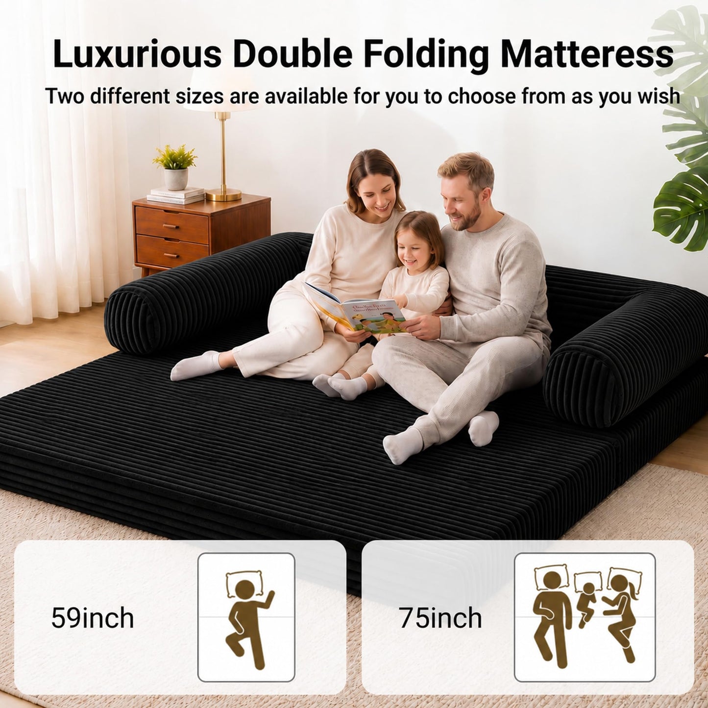 Claiks 75" Convertible Sofa Bed, Corduroy Futon Couch Pull Out Bed, No Assembly Boneless Couches for Living Room Bedroom Apartment, Black