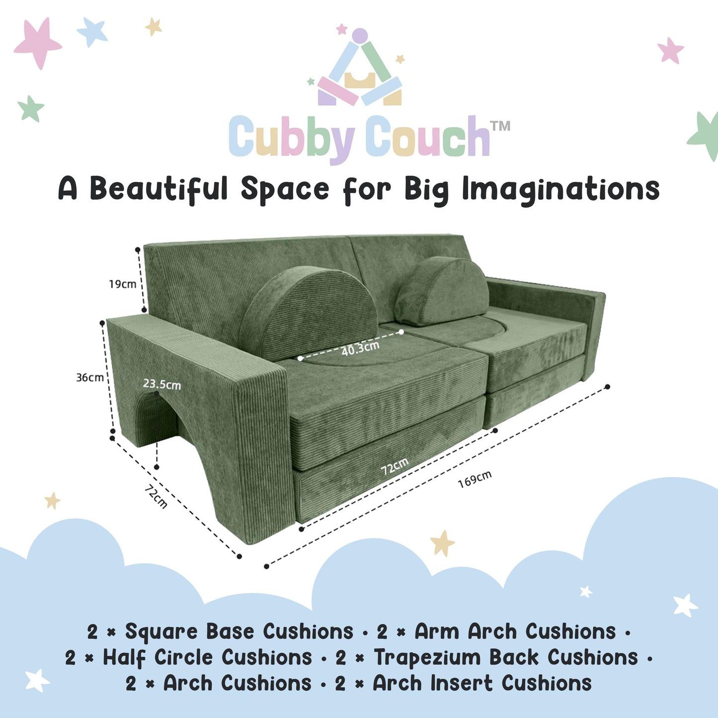 Cubby Couch 12-Piece Modular Kids Play Couch - Soft & Durable Toddler Couch with CertiPUR US Foam, Washable Covers - Playroom Furniture, Kids Sofa for Lounge, Living Room & Playroom - Green