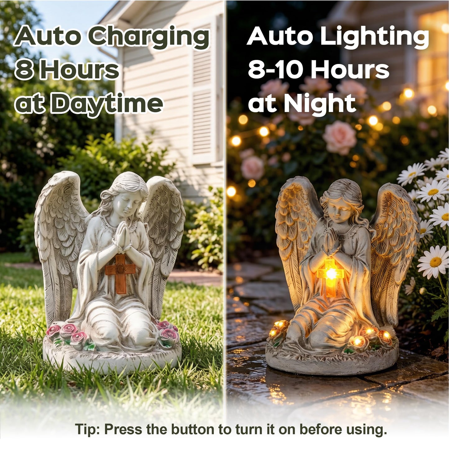 Ayadon Solar Angel Garden Statues with Cross and 6 LED Lights, Solar Outdoor Decor for Patio, Balcony, Yard, Cemetery, Waterproof Praying Angel Figurines, Lawn Ornaments Gifts for Women, Mom, Grandma