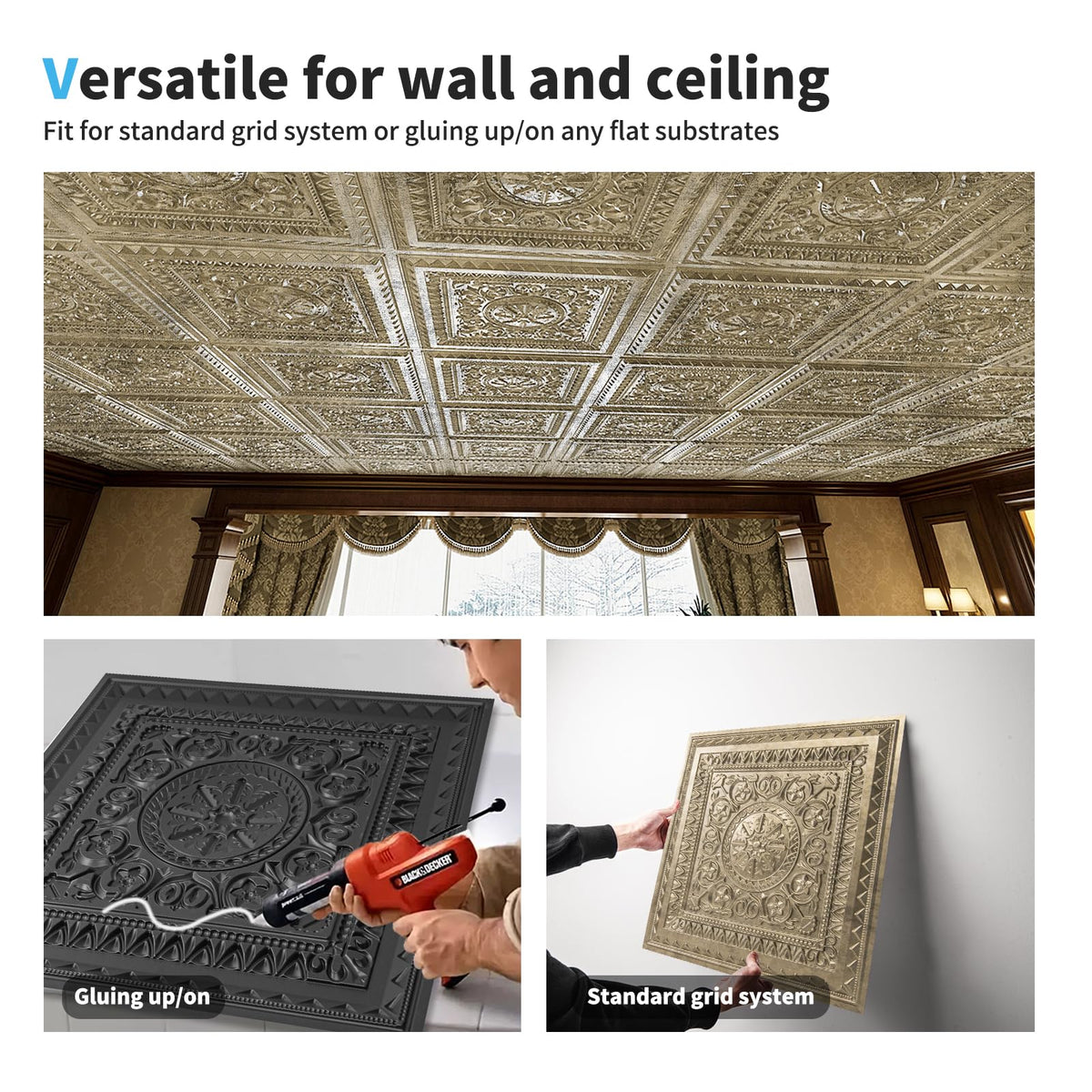 Art3d 12-Pack PVC Drop Ceiling Tiles, 2 x 2 ft, Antique Gold