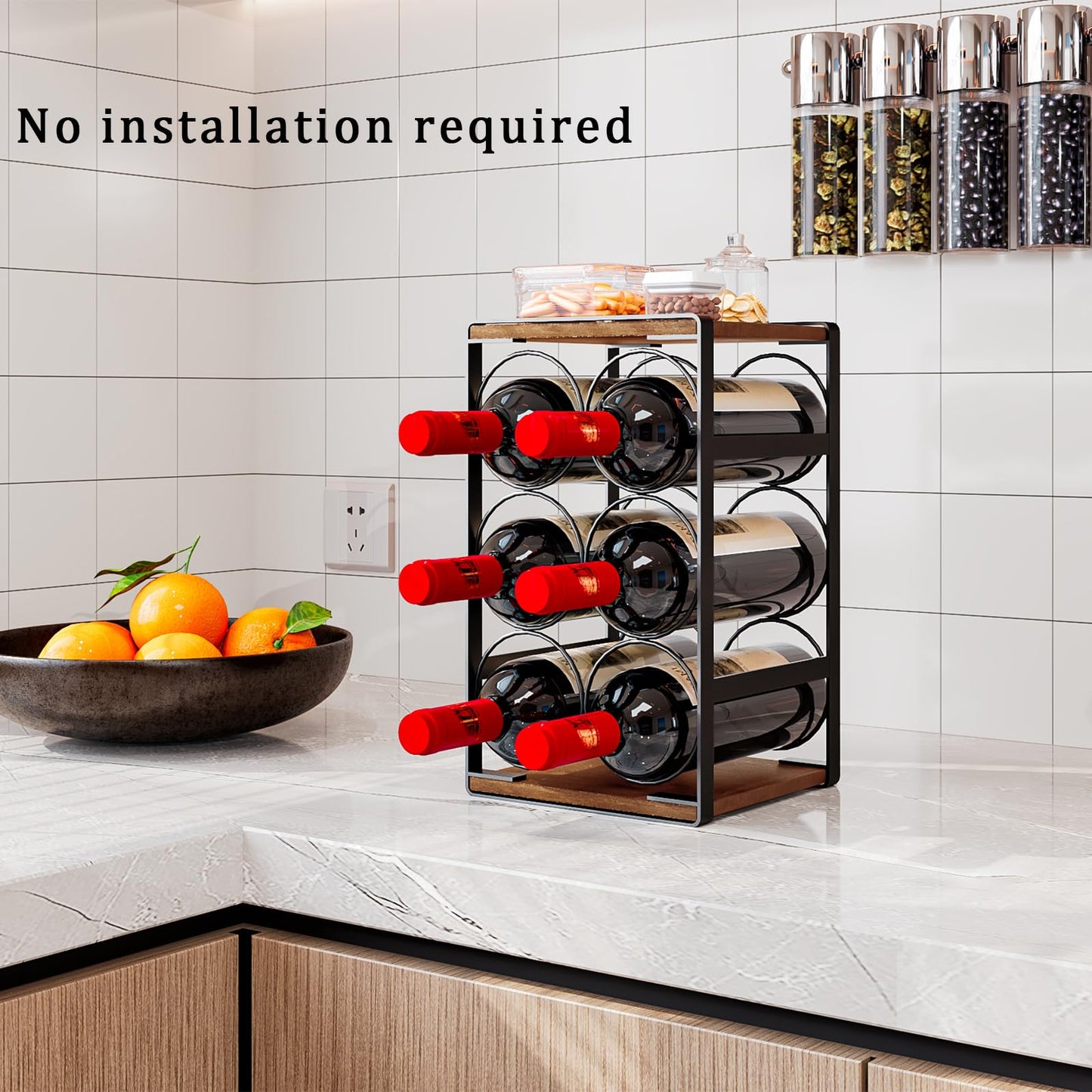 Dazioter Wood Countertop Wine Rack No Need Assembly 6 Bottles Black + Rustic Brown