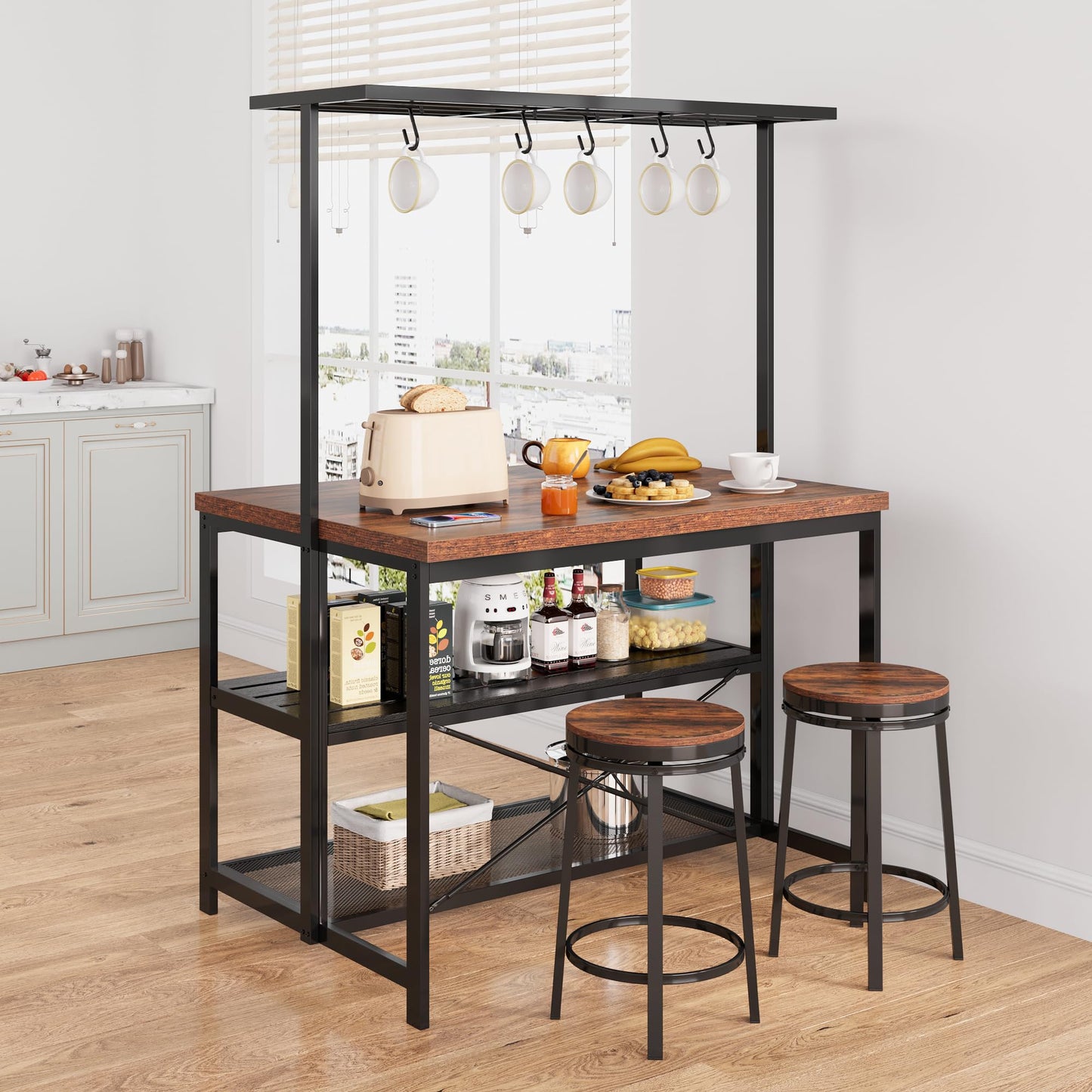 GarveeHome Kitchen Island with Storage, 42''Island Table for Kitchen with Seating Bakers Rack Microwave Oven Stand Shelf with 3 Tier Storage Shelf for Dining Room Living Room, 5 Hooks 42"*28"*72"
