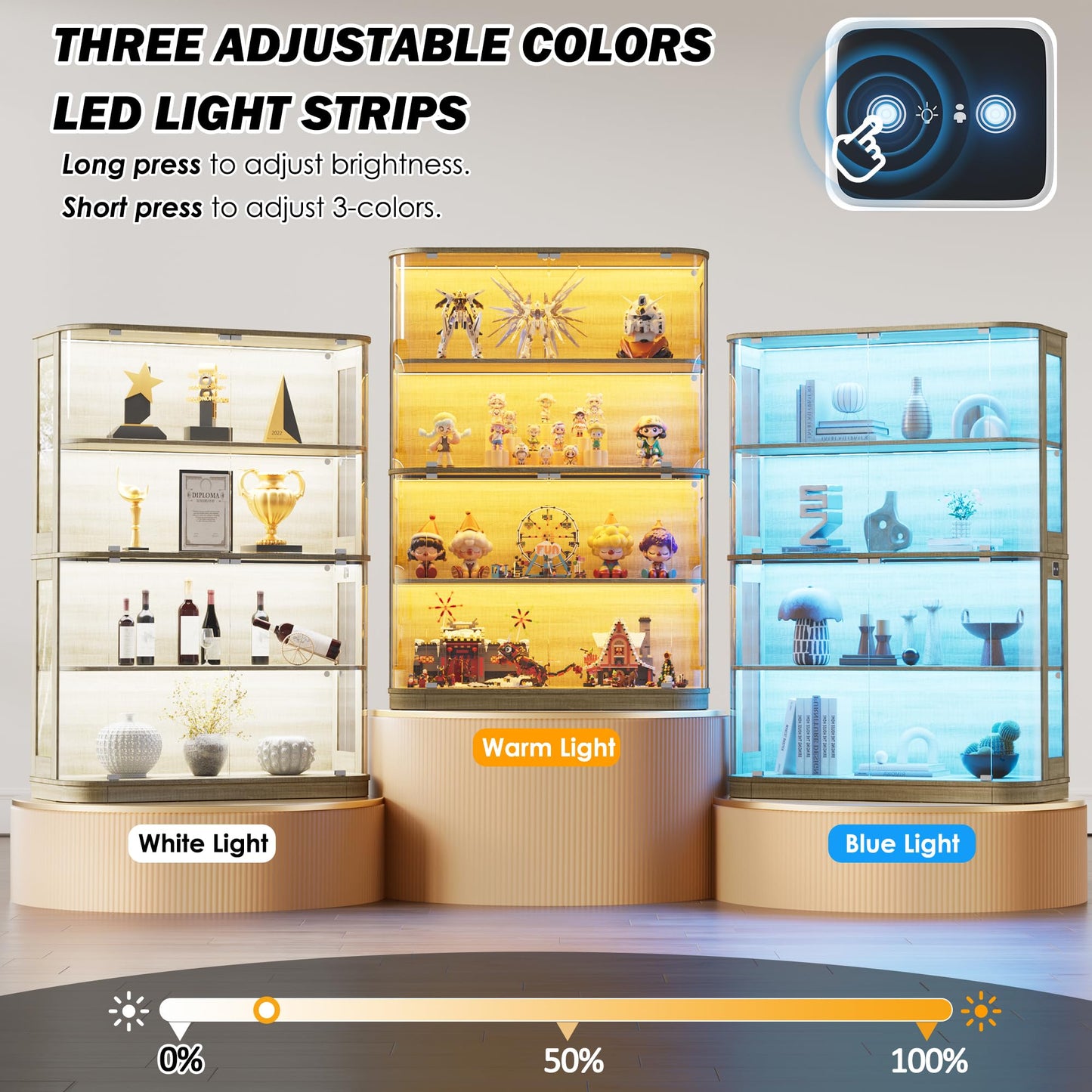 PAKASEPT 47.2" Large Rounded Display Cabinet with Glass Doors, 4-Tier Curio Cabinet Storage Case with LED Lights & Press-to-Open Doors, Modern Display Shelf for Collectible,Human Body Sensor (2)