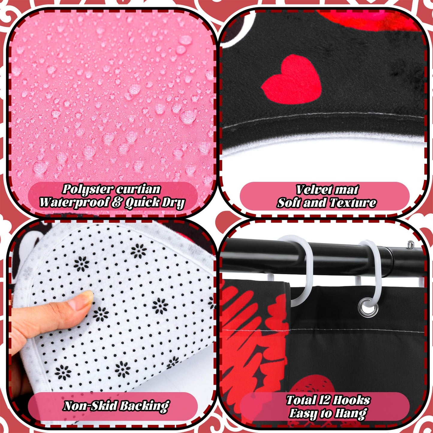 Newwiee 7 Pcs Valentine Shower Curtain Set for Bathroom Sweet Heart Bathroom Sets with 3 Towels Happy Valentine Shower Curtain Nonslip Rugs Toilet Lid Cover Bath Mat(Arrow)