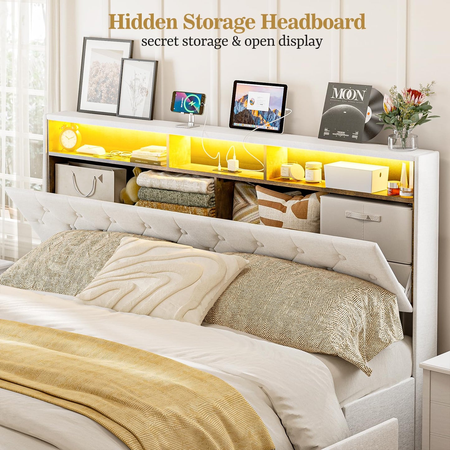 AOVSA California King Bed Frames with 4 Drawers, Hidden Storage Headboard with LED Lights and Charging Station, Upholstered Cal King Platform Bed, Noise Free, No Box Spring Needed, White