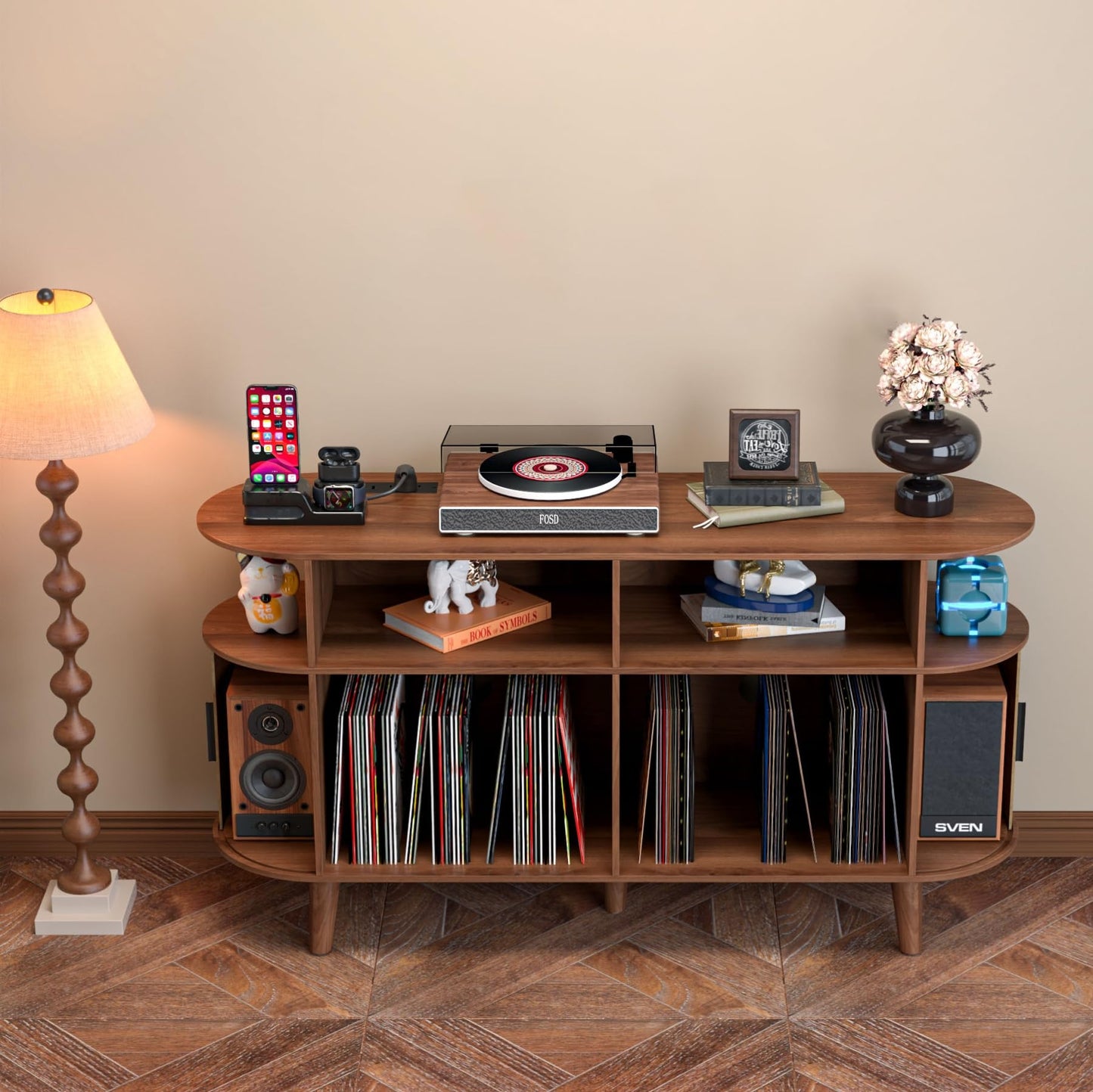 LUVIOHOME Large Round Record Player Stand with Charging Station & USB Ports，Record Storage Cabinet, Mid Century Modern Turntable Stand for Bedroom Living Room (Walnut)
