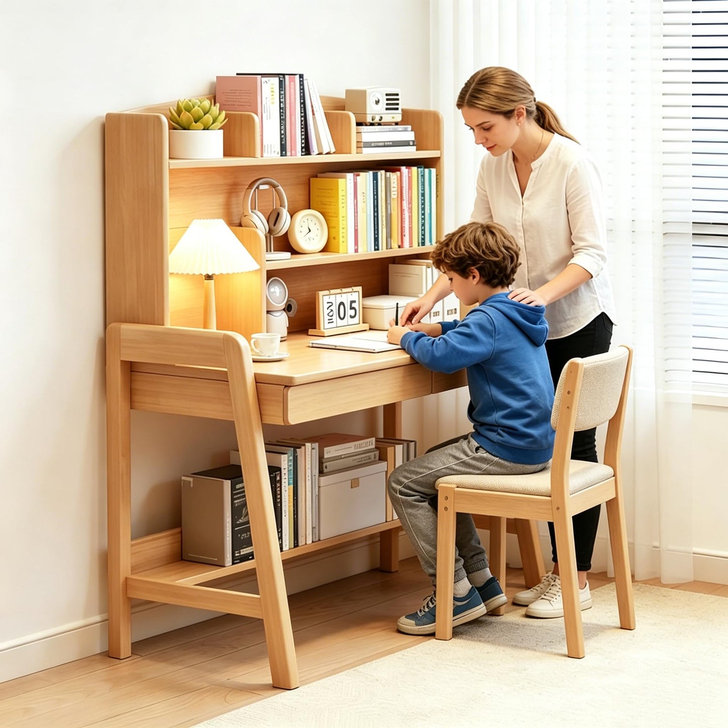 BHDJSE Kids Desk Wooden Childrens Study Desk with Bookshelf＆Two Drawers, Adjustable Kids Desk for Study＆Writing＆Computer＆Workstation, Nature