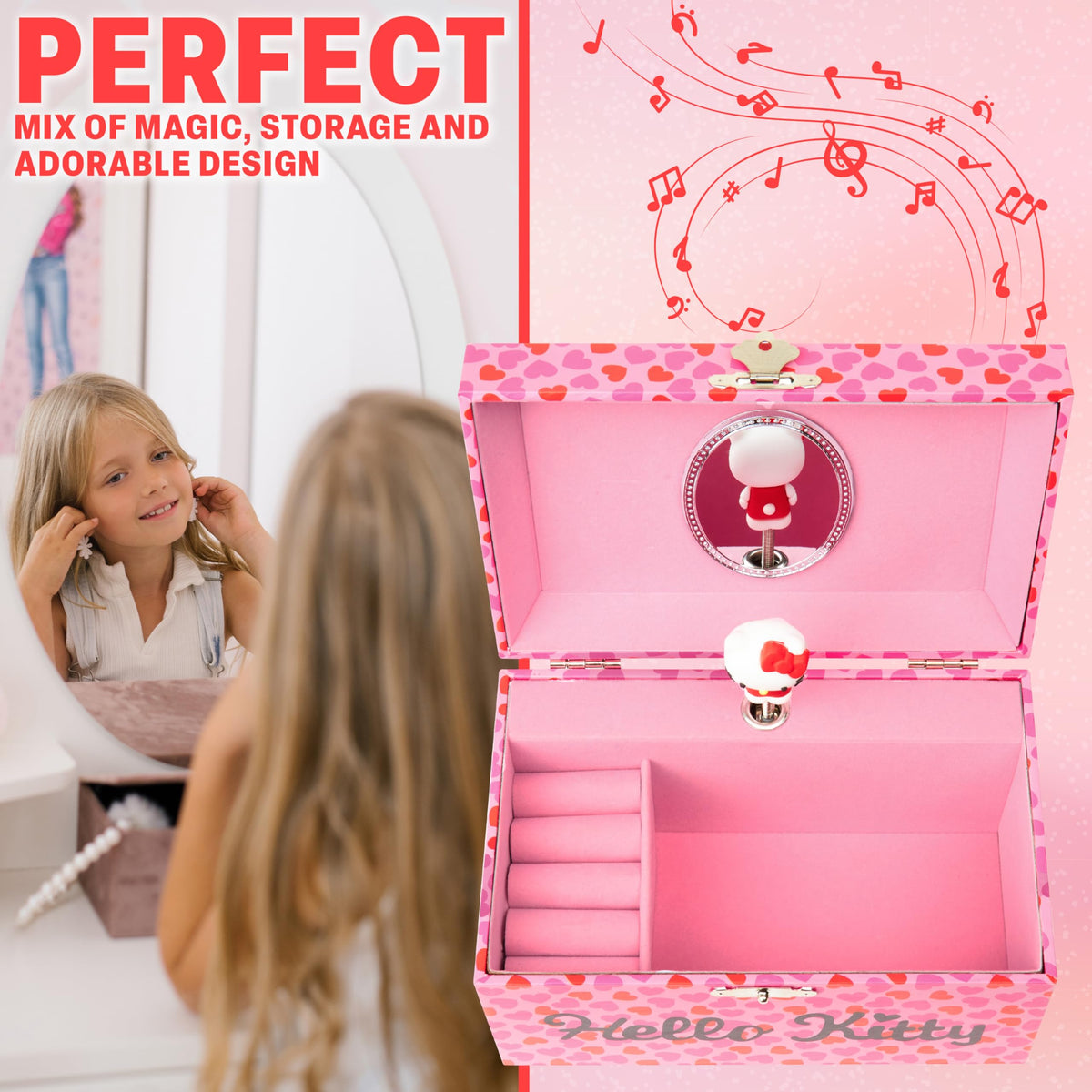 Get Trend Hello Kitty Sanrio Musical Jewelry Box for Girls Teens Women Kawaii Wind Up Music Box Jewelry Organizer Ring Holder Gifts for Women (Pink Hello Kitty)