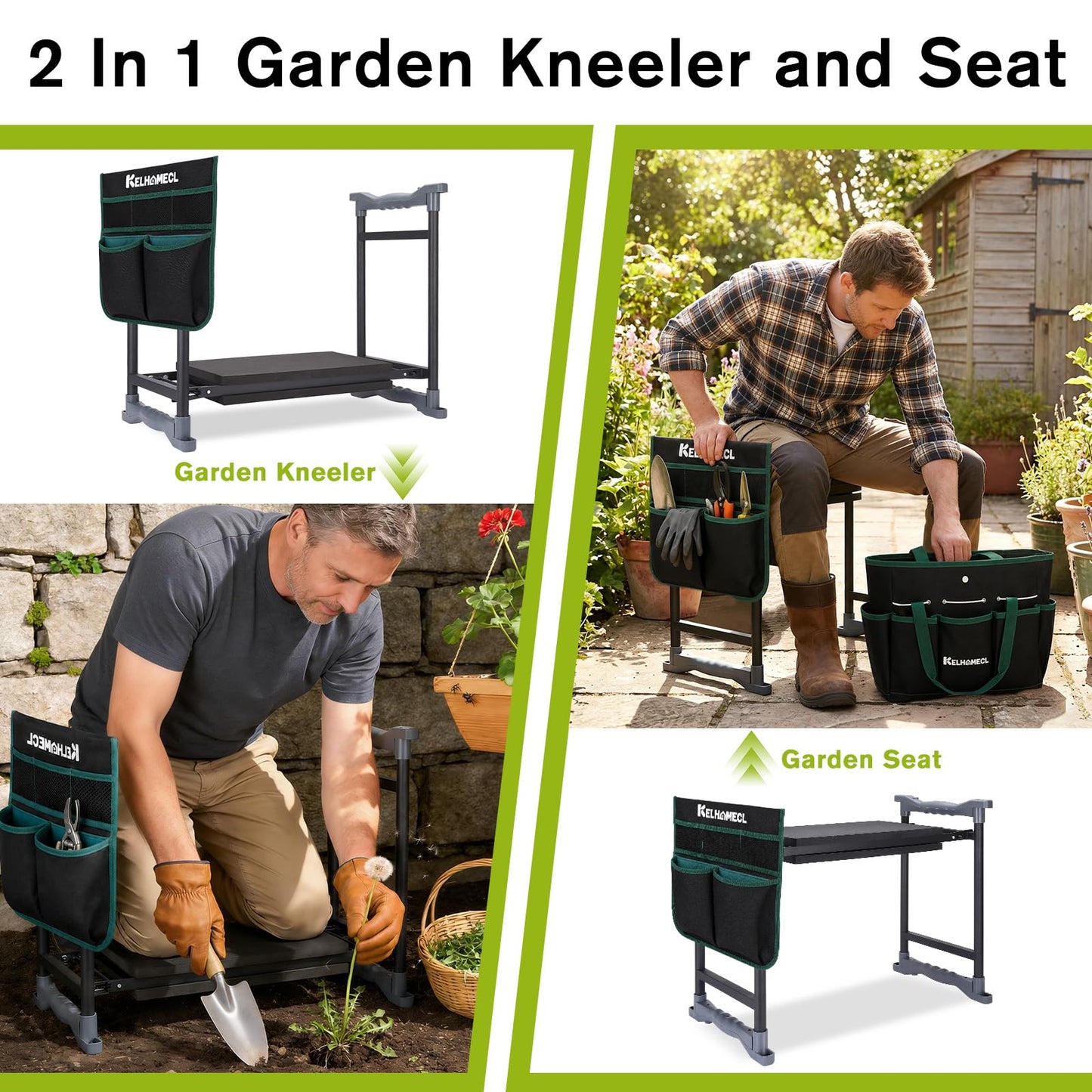 KELHOMECL Garden Kneeler and Seat with Umbrella, 2-in-1 Foldable Gardening Stool with Adjustable Bracket, Detachable Tool Bags, Heavy Duty Kneeling Pad for Gardening (Beige Green)