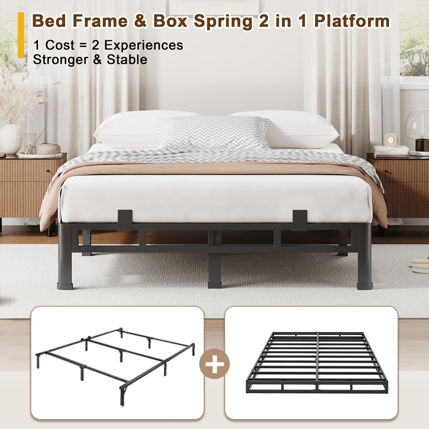 ROIL 10 Inch Queen Bed Frame, Metal Bed Frame & Box Spring 2 in 1 Platform with Round Corner Legs, 4000LBS Double Layer Low Profile Metal Platform Mattress Baffles, Noise-Free Easy Assembly