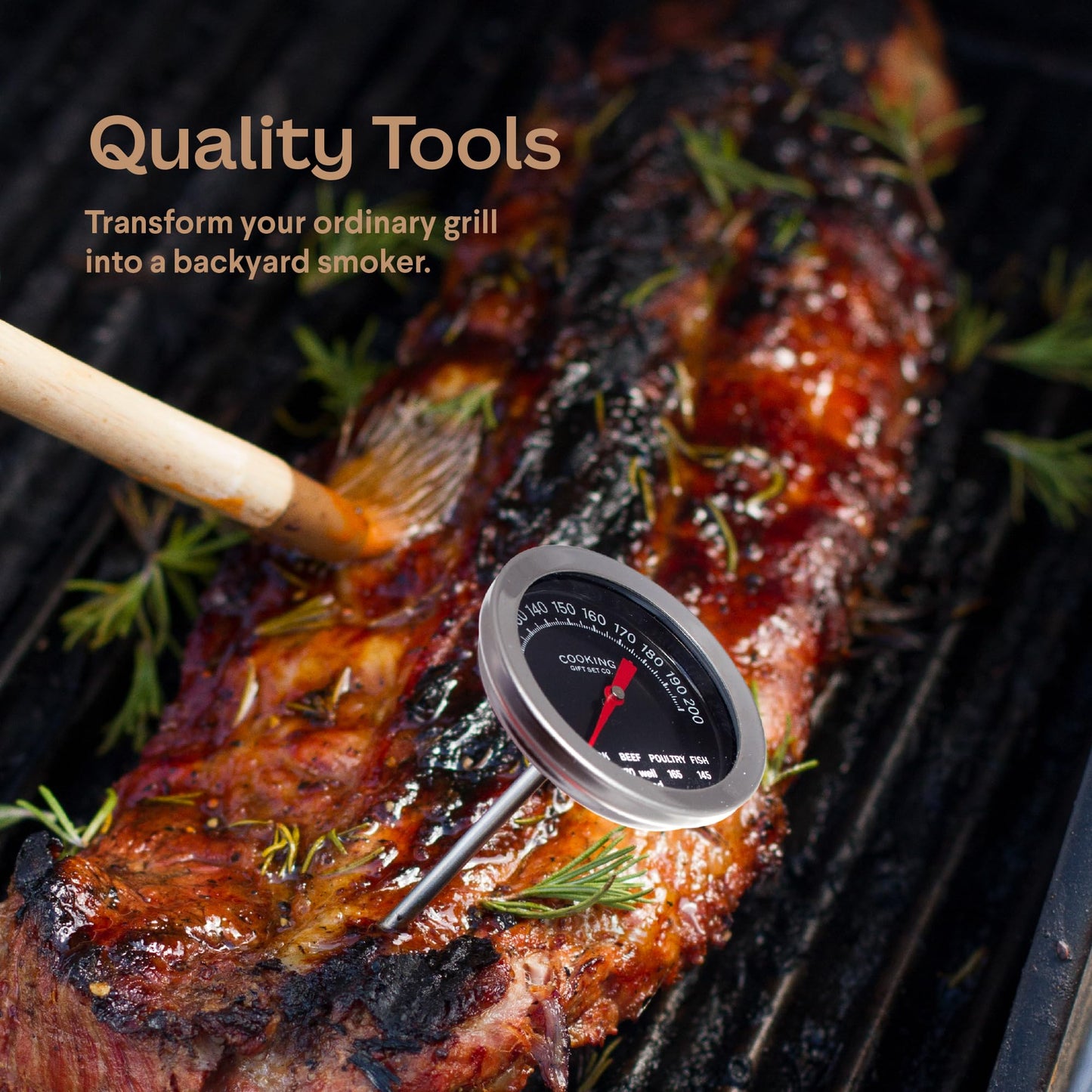 Grilling Accessories BBQ Smoker Box Grill Kit - Stainless Steel Smoke Box for Gas Grill and Charcoal with Wood Chips, Meat Thermometer and Scraper - Complete Outdoor BBQ Accessories Gift Set for Men