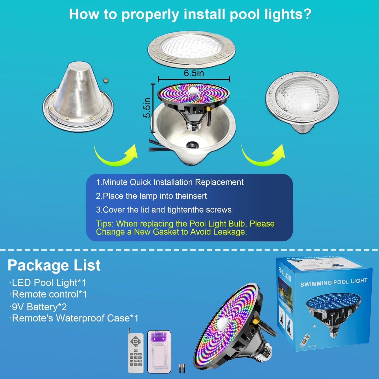 Vzyhik LED RGBW Pool Light Bulb for Inground Pools – Led Pool Lights Inground Adjustable Brightness & 12 Color Modes with Remote Control, Energy Efficient – E26 Base, 70W