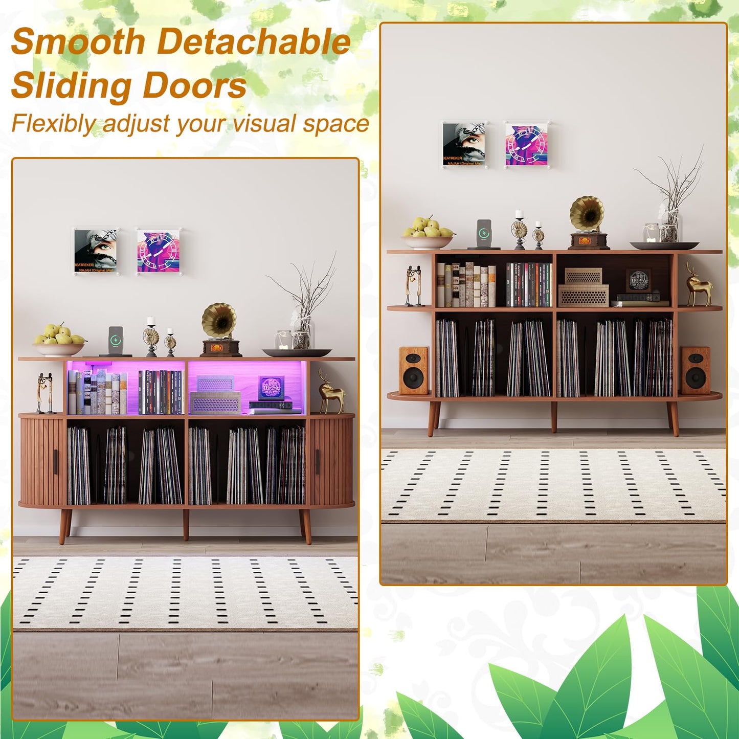 LMSXG-MZ 55.1" Large Record Player Tv Stand with Charging Station & Music-Activated Lights, Mid-Century Modern Vinyl Storage Cabinet W Curved Sliding Doors, Fluted Turntable Stand (Walnut, 55.1")